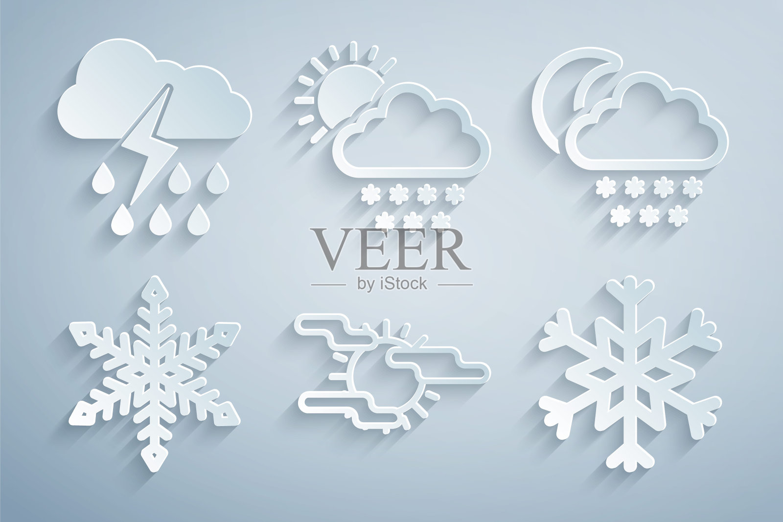 集雾和太阳，云与雪月，雪花，和雨闪电图标。向量插画图片素材
