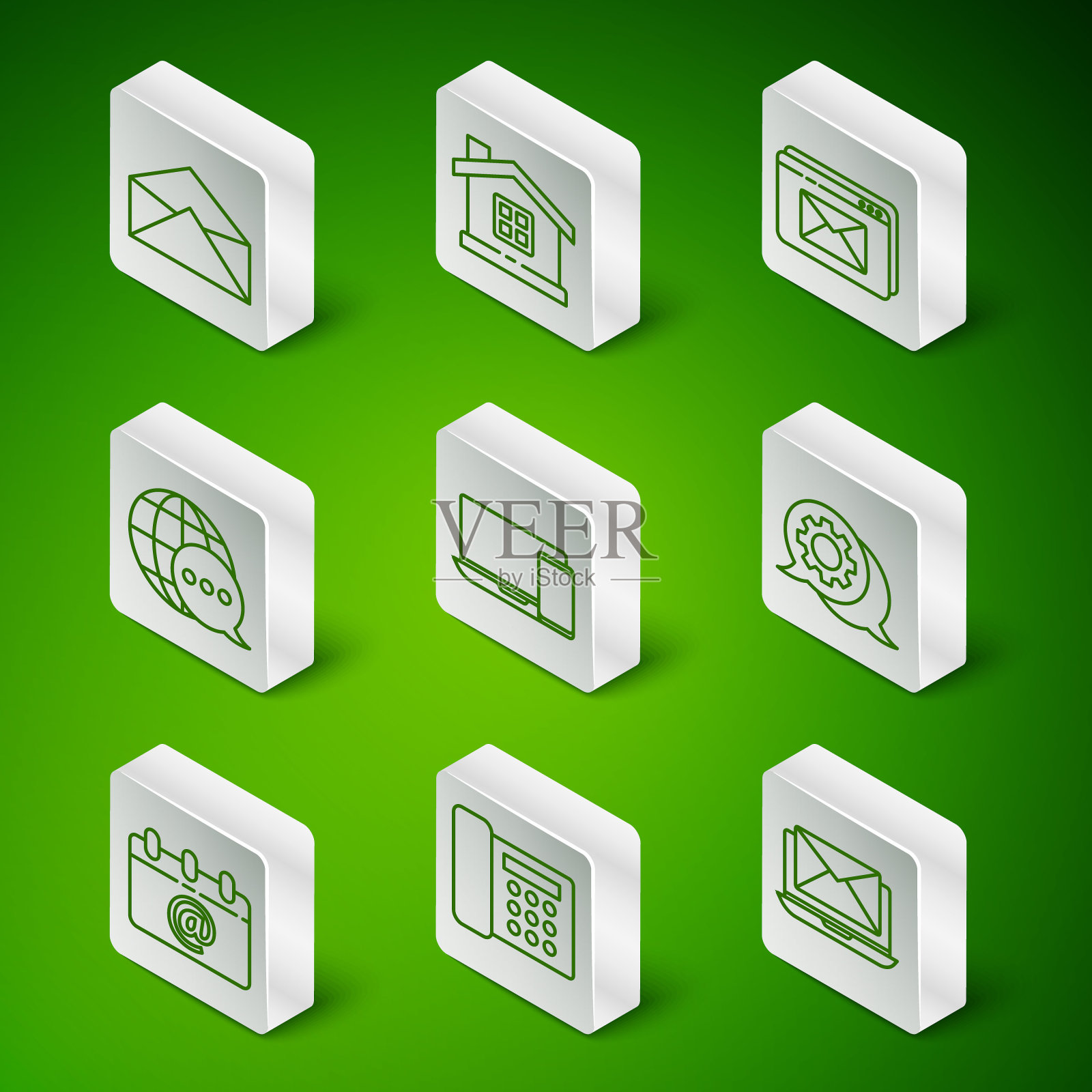 设置线笔记本电脑与信封，电话，信封，监视器和，世界地图由语音气泡，房子，日历电子邮件和语音聊天图标。向量插画图片素材