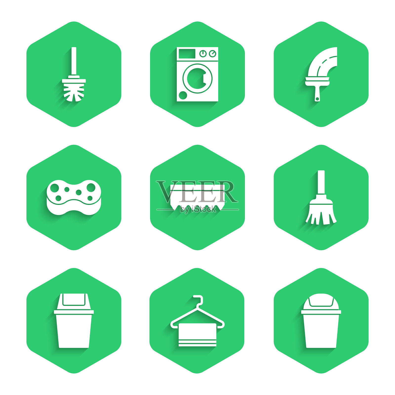 集海绵，毛巾架，垃圾桶，羽毛扫帚，橡胶清洁剂的窗户和厕所刷图标。向量插画图片素材