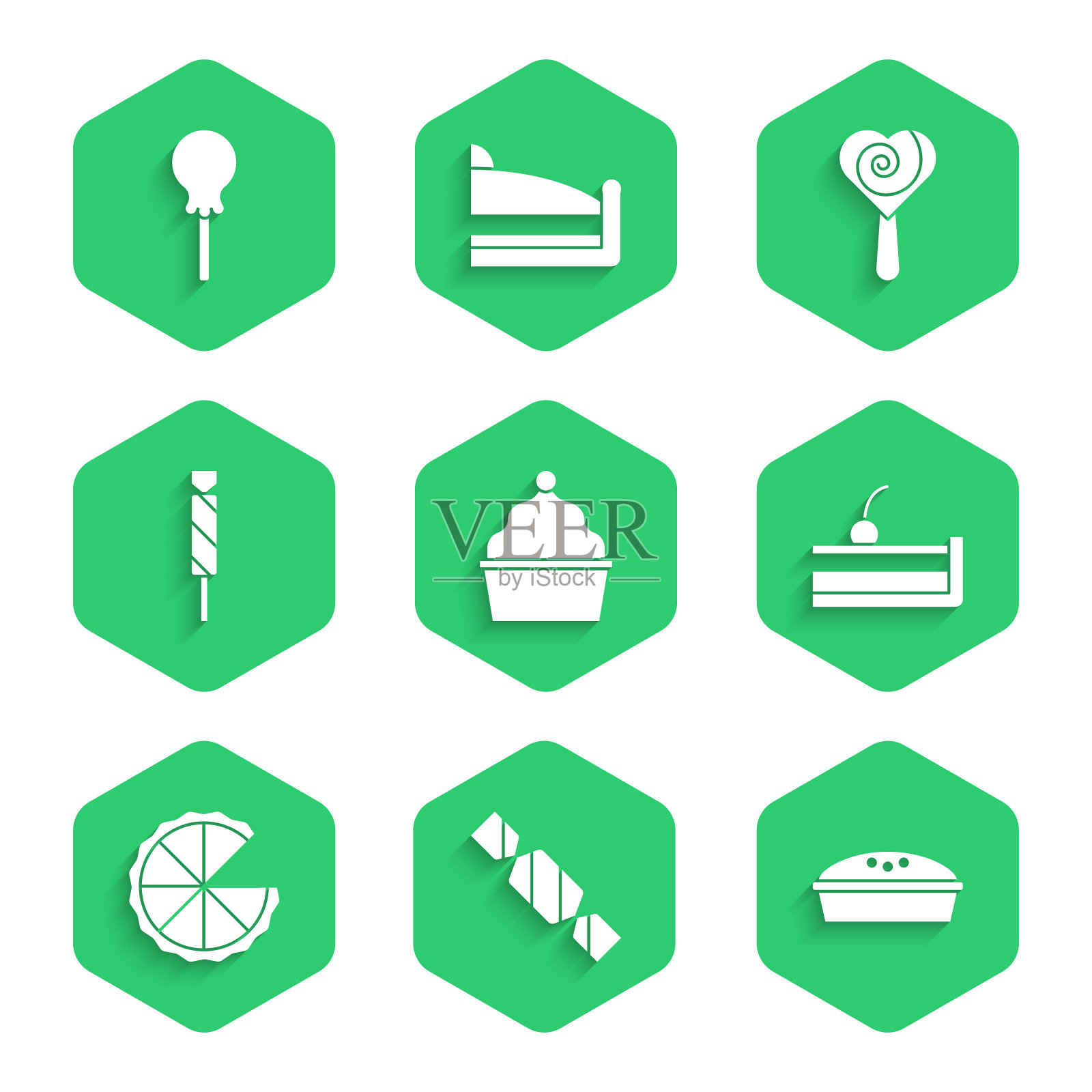 集蛋糕，糖果，自制派，樱桃芝士蛋糕，棒棒糖和图标。向量插画图片素材