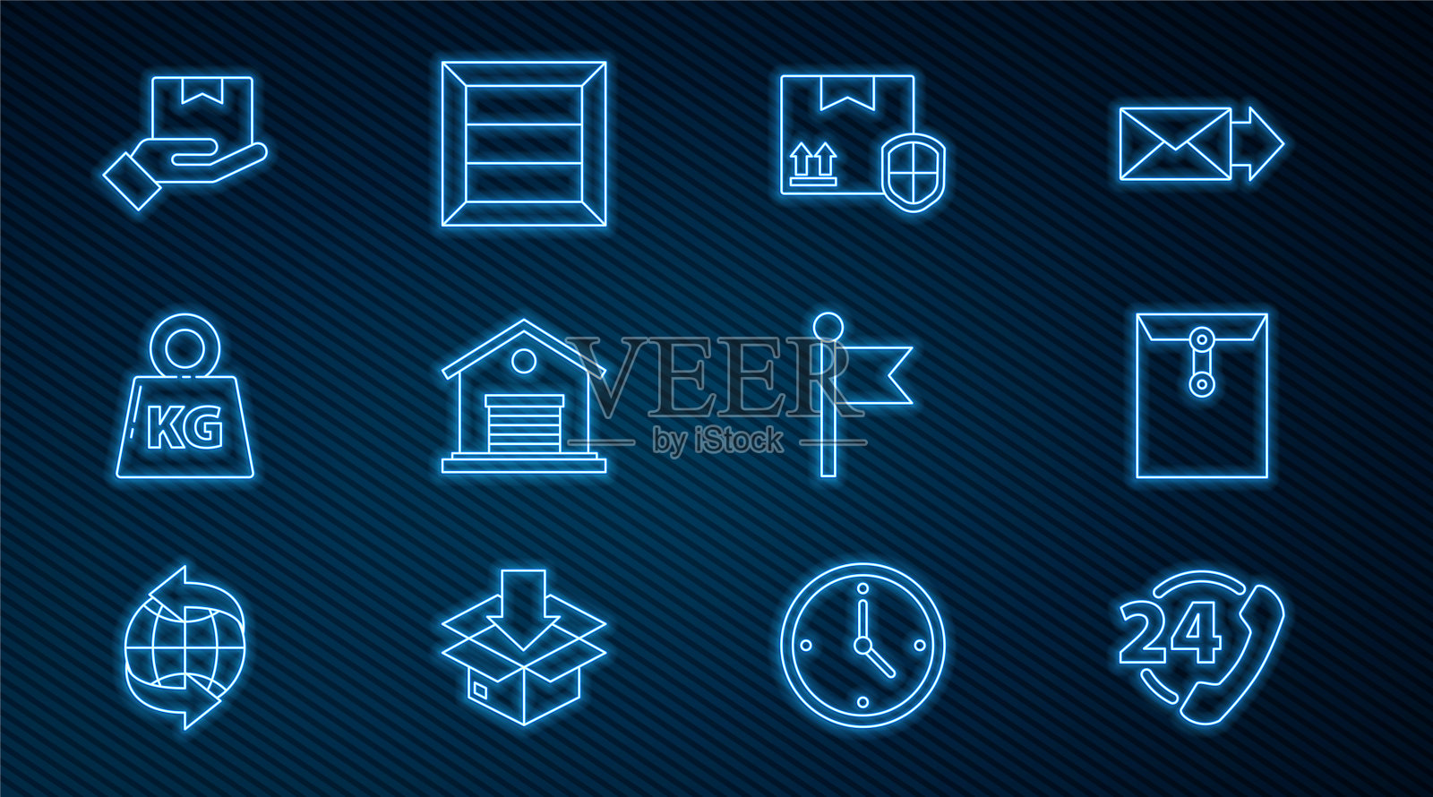 固定电话24小时支持，信封，快递包安全与盾牌，仓库，重量，手箱，位置标记和木制图标。向量插画图片素材