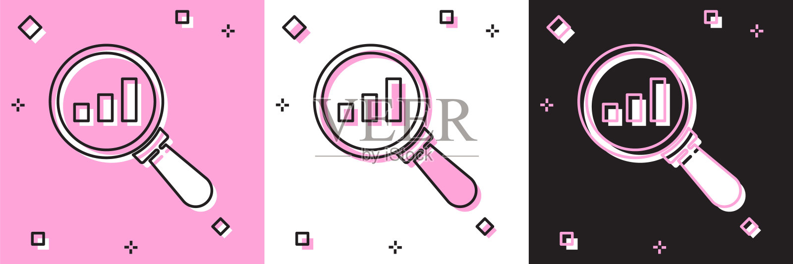 设置放大镜和数据分析图标隔离在粉红色和白色，黑色背景。向量插画图片素材