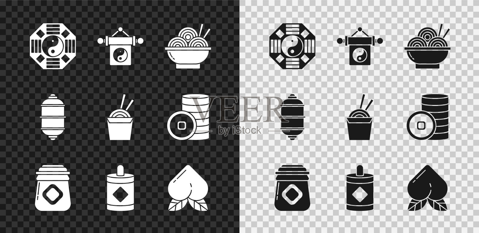 设置阴阳，亚洲面碗，蜂蜜罐，烟花，桃子水果，中国纸灯笼和盒子和筷子图标。向量插画图片素材