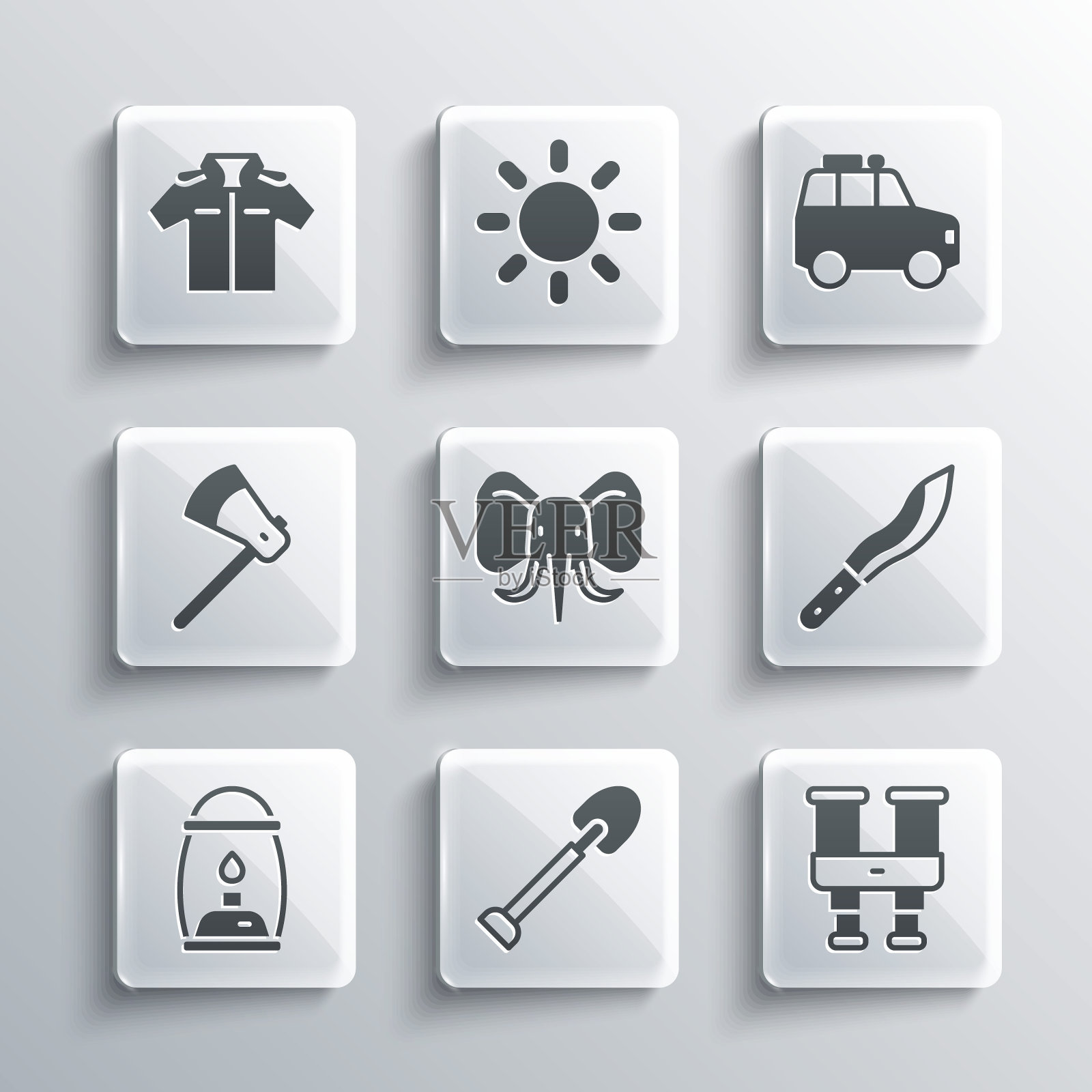 集铲子，双筒望远镜，弯刀，大象，野营灯，木斧，衬衫和汽车图标。向量插画图片素材