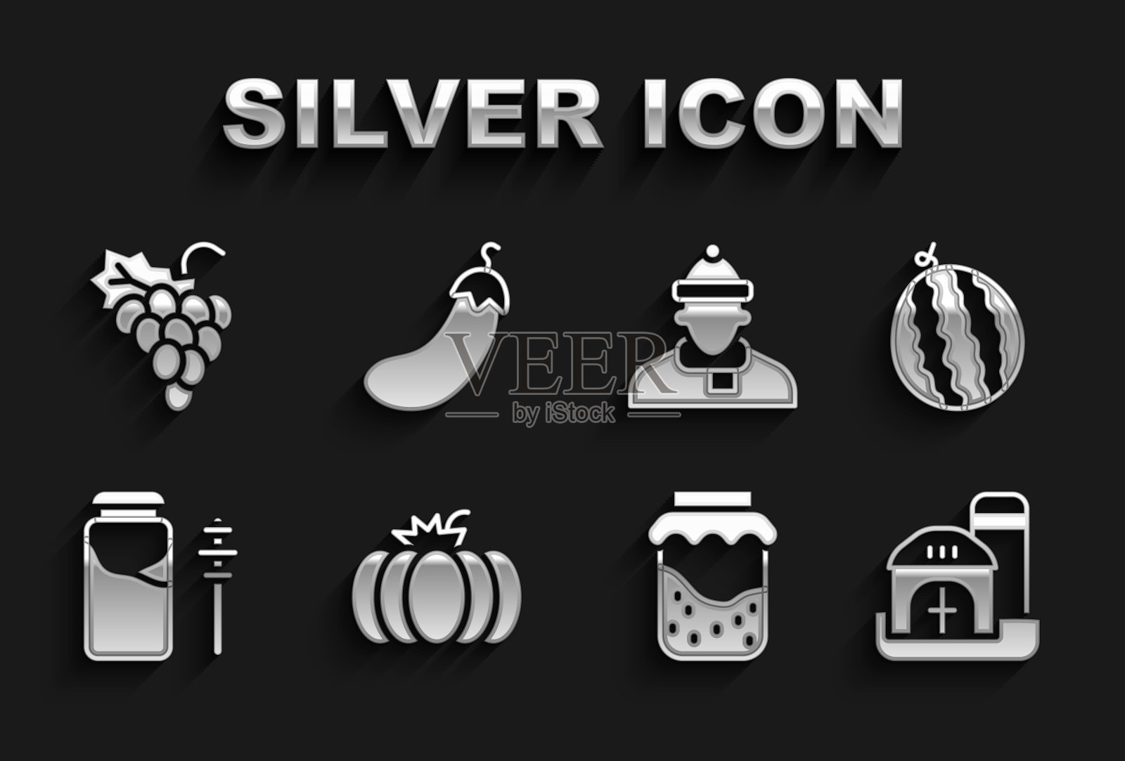 集南瓜，西瓜，农场的房子，果酱罐，罐的蜂蜜和斗棒，秋天的衣服，葡萄水果和茄子图标。向量插画图片素材