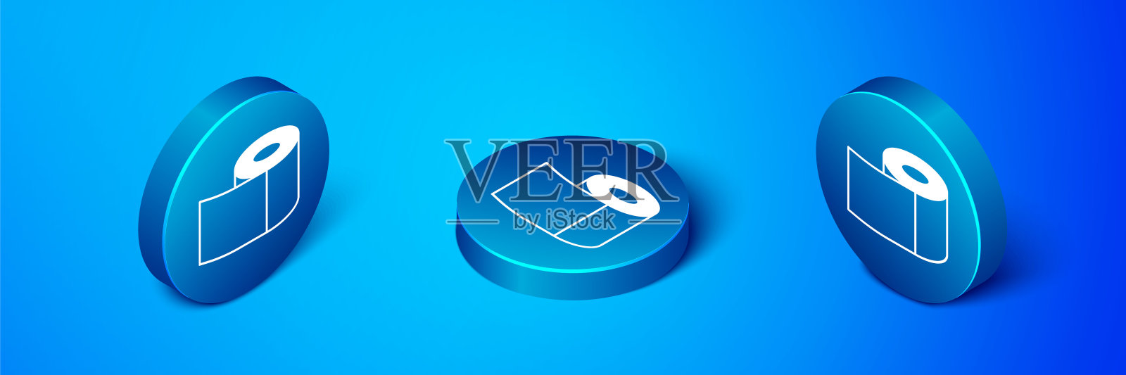 等距卫生纸卷图标隔离在蓝色背景。蓝色圆圈按钮。向量插画图片素材