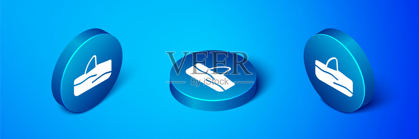 等长鲨鱼鳍在海浪图标孤立的蓝色背景。蓝色圆圈按钮。向量插画图片素材