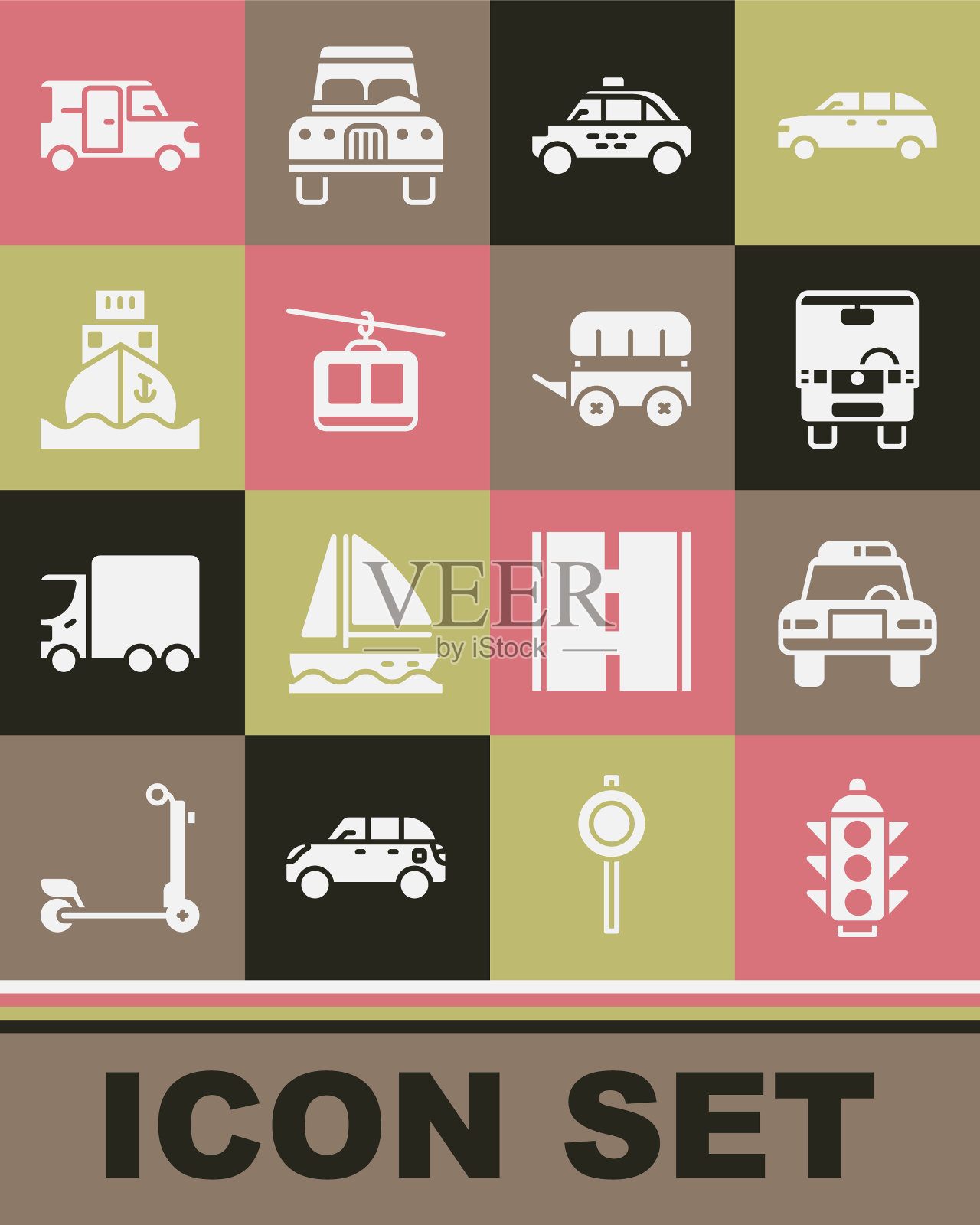 集交通灯，警车和闪光灯，公共汽车，出租车，电缆，货船，小巴和狂野西部覆盖货车图标。向量插画图片素材