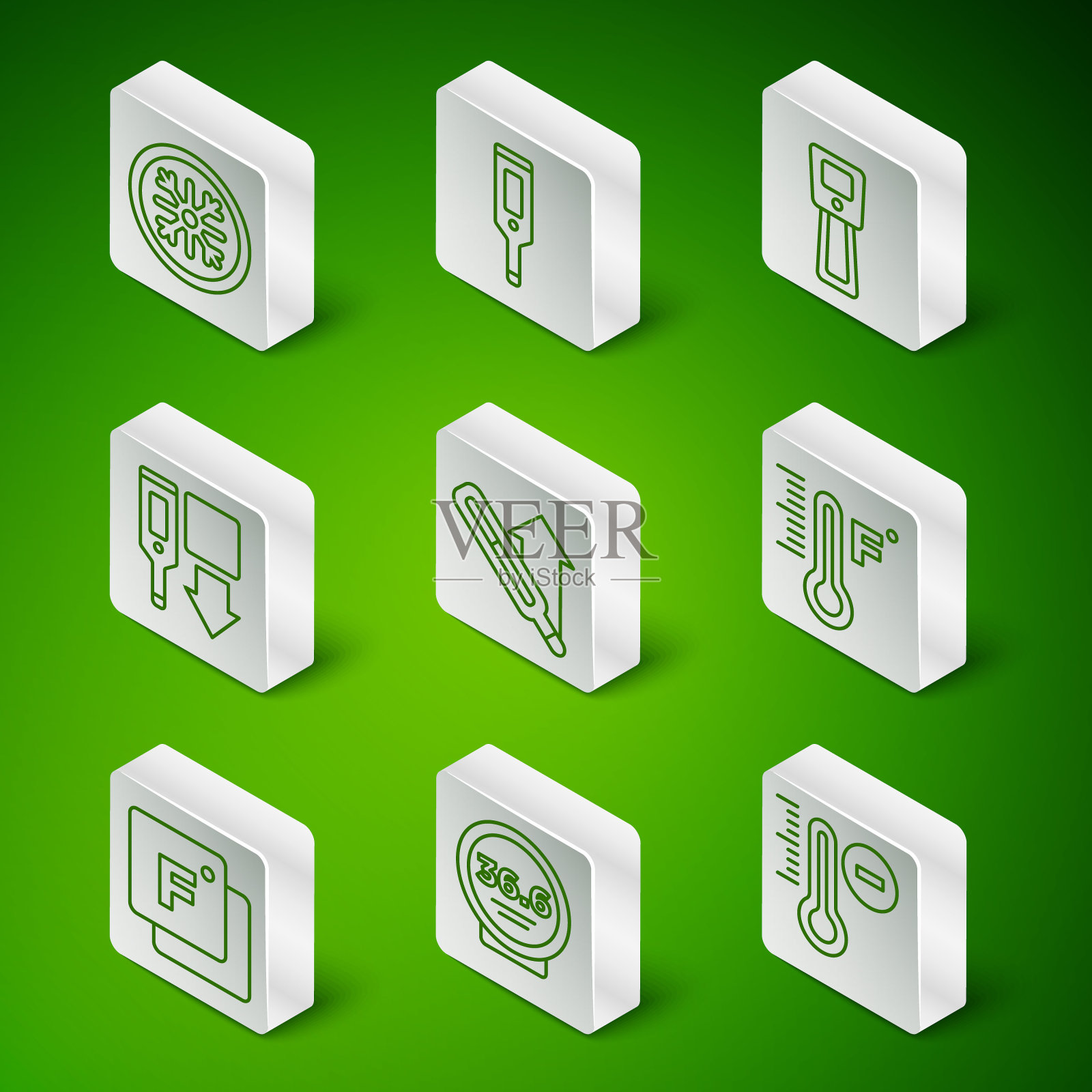 设置线气象温度计，医疗，雪花，数字，华氏度和图标。向量插画图片素材