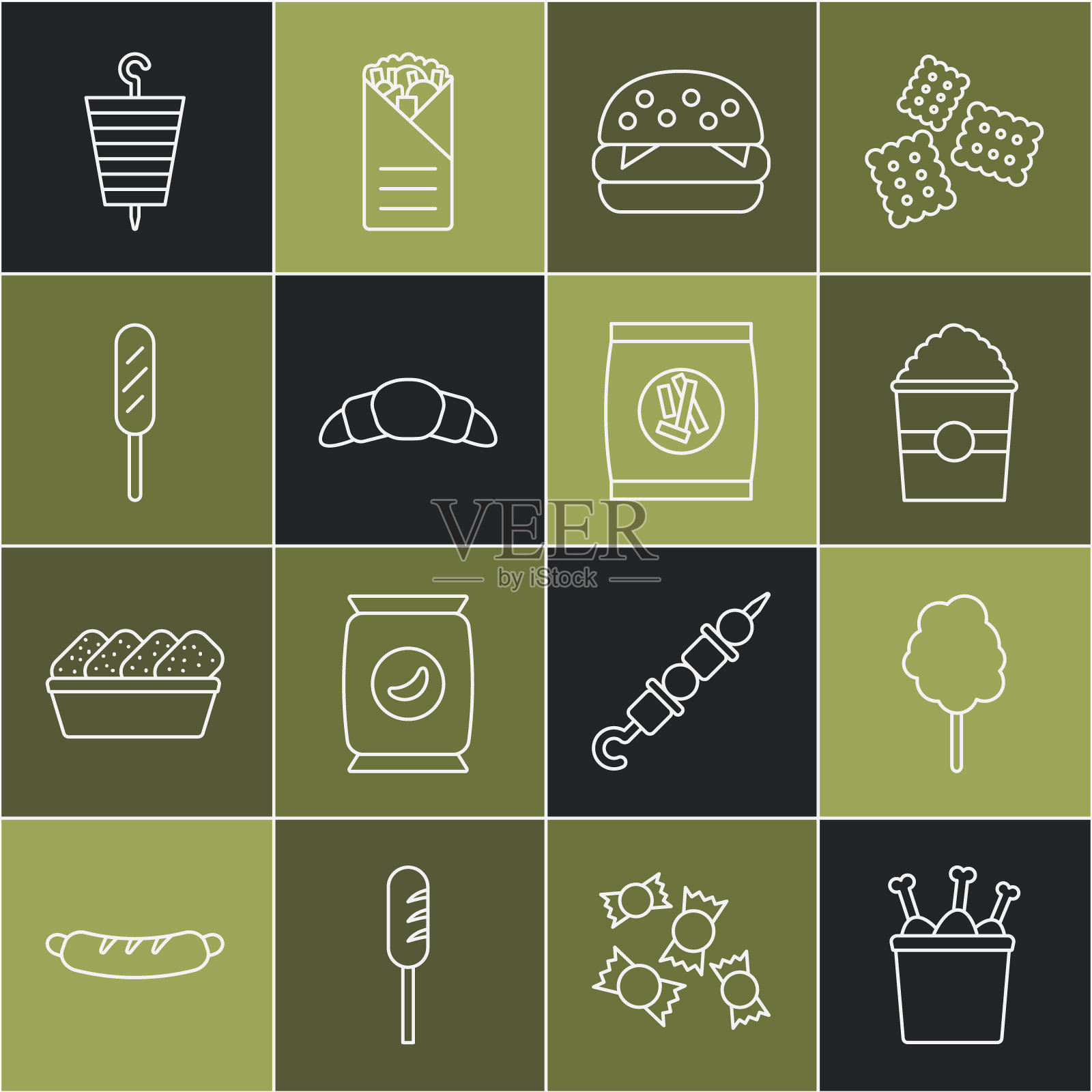 设线鸡腿在包装盒，棉花糖，爆米花，汉堡，牛角包，玉米狗，烤羊肉串和硬面包夹饼干图标。向量插画图片素材