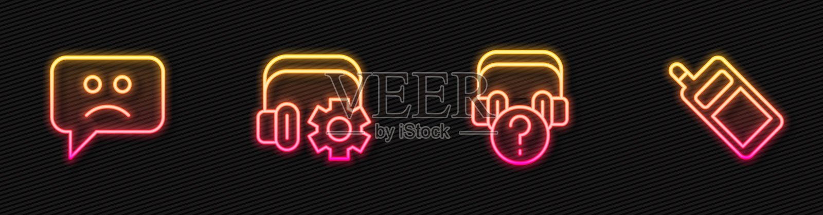 设置线耳机与问题，悲伤的微笑，耳机与设置和移动。发光的霓虹灯图标。向量插画图片素材