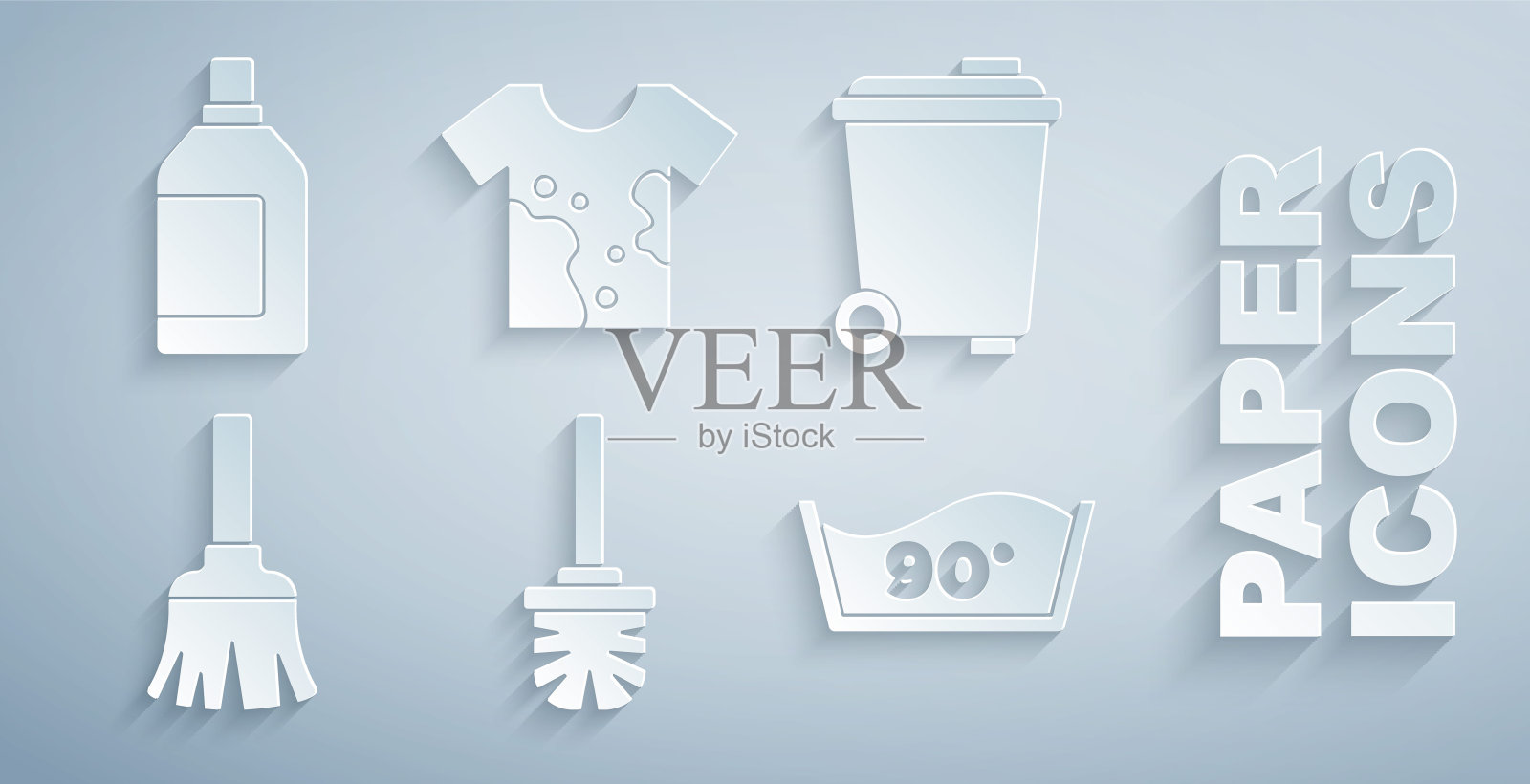 集厕所刷，垃圾桶，羽毛扫帚，温度洗涤，脏t恤和瓶子清洁剂图标。向量插画图片素材