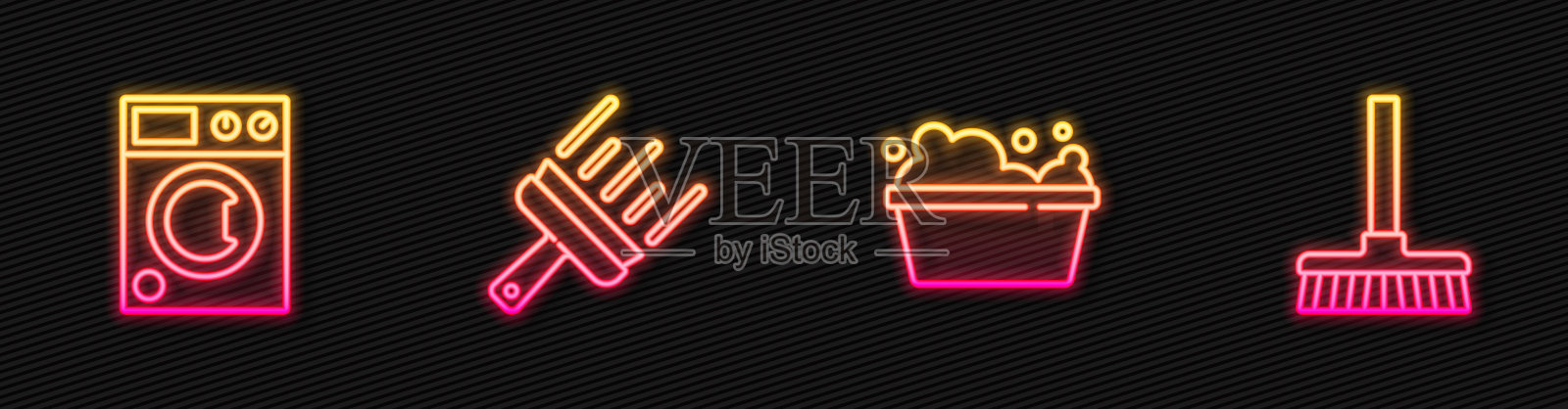 设置带肥皂水的盆，洗衣机，橡胶清洁剂和扫帚。发光的霓虹灯图标。向量插画图片素材
