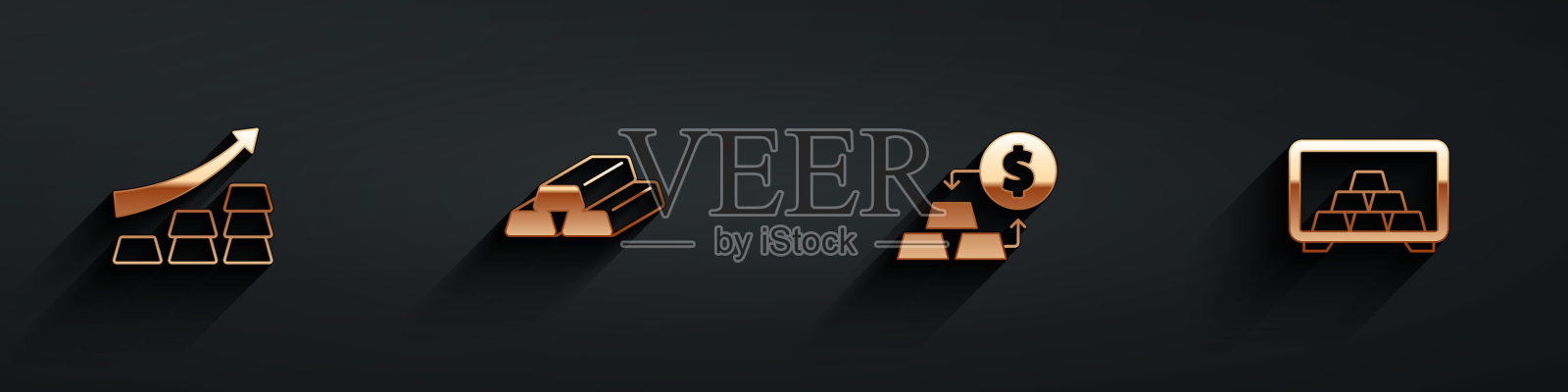 设置成长箭头与金条，黄金，兑换货币和安全图标与长阴影。向量插画图片素材