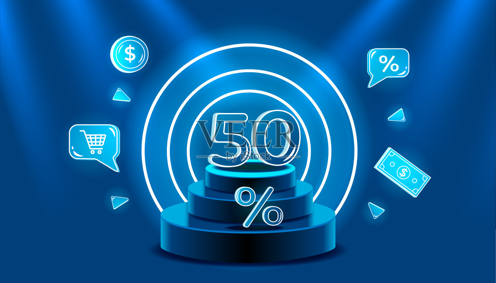 蓝色讲台，霓虹元素，五折优惠插画图片素材