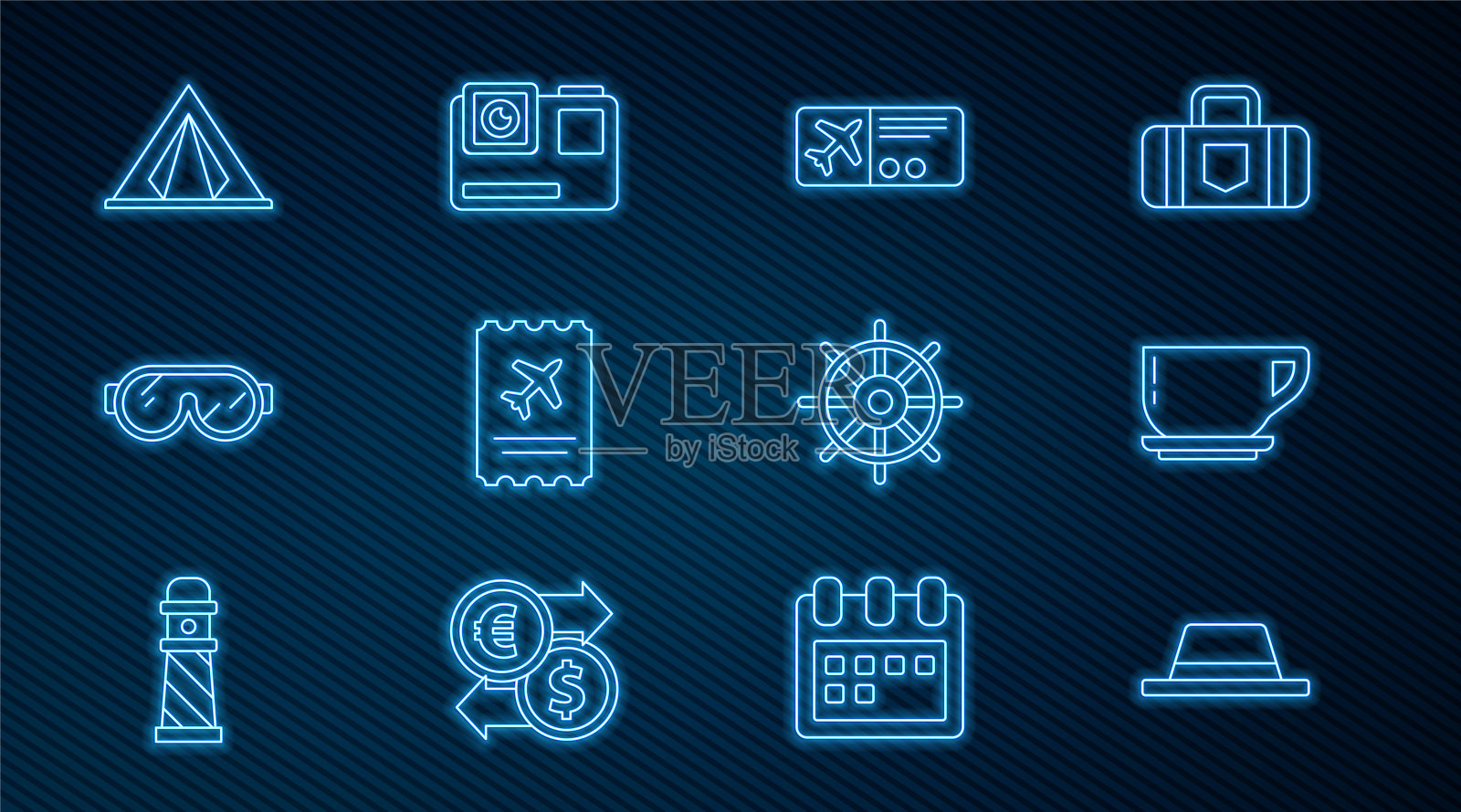 集线男子帽带，咖啡杯，机票，滑雪镜，旅游帐篷，船舶方向盘和行动极端相机图标。向量插画图片素材