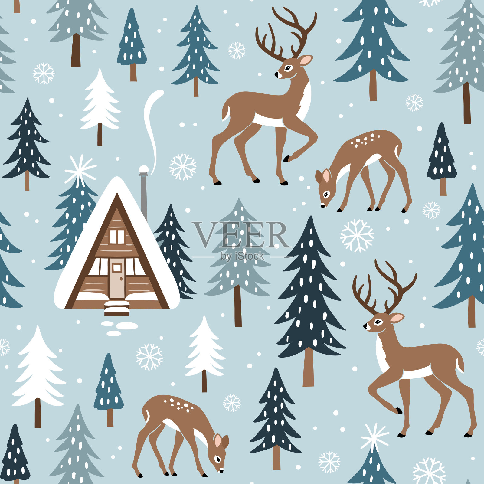 无缝矢量图案与可爱的冬季鹿，雪景与松树和林地小屋。手绘插图艺术作品。完美的纺织品，墙纸或印刷设计。插画图片素材