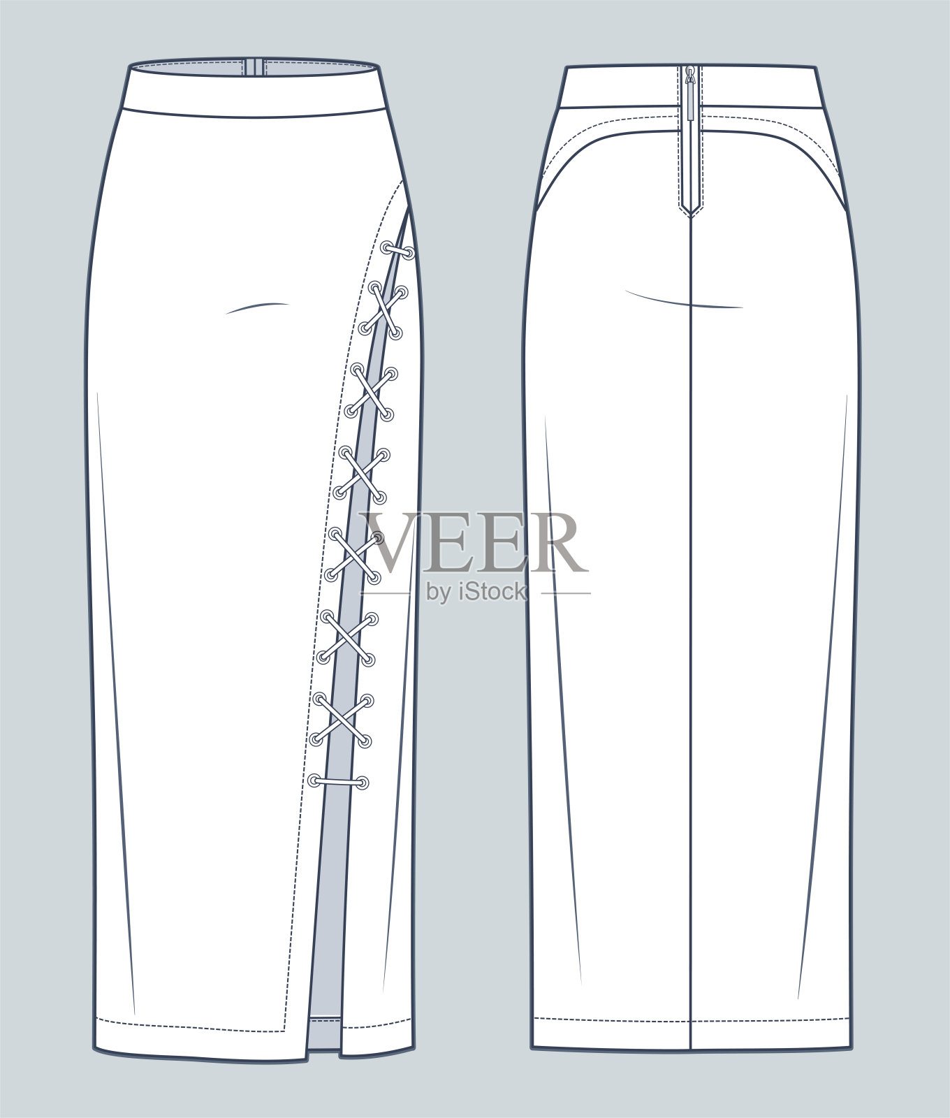 蕾丝裙技术时尚插图。长裙时尚平面技术图纸模板，不对称，前开衩，后拉链，修身，前后视图，白色，女裙CAD模型。插画图片素材