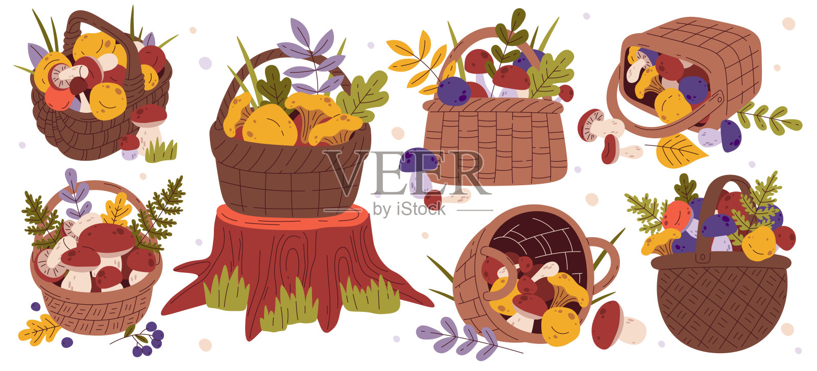 秋天柳条篮子与蘑菇收获和秋叶装饰矢量插图插画图片素材