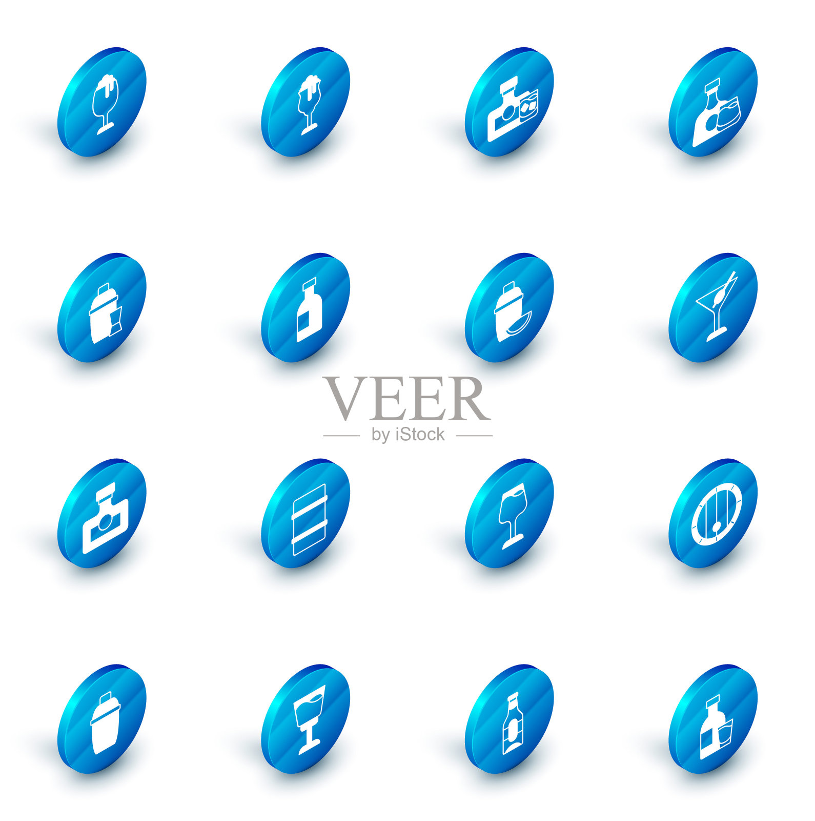 集啤酒，威士忌酒瓶和玻璃杯，鸡尾酒摇壶，酒精饮料朗姆酒，伏特加，马提尼和石灰图标。向量插画图片素材