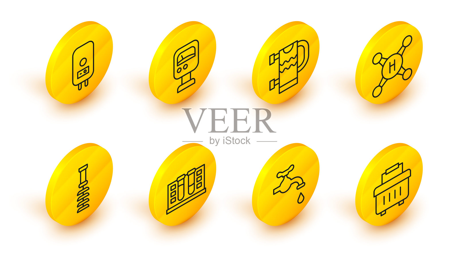 设置线工具箱，水龙头，试管与水滴，马桶刷，加热毛巾架，压力表和电锅炉图标。向量插画图片素材