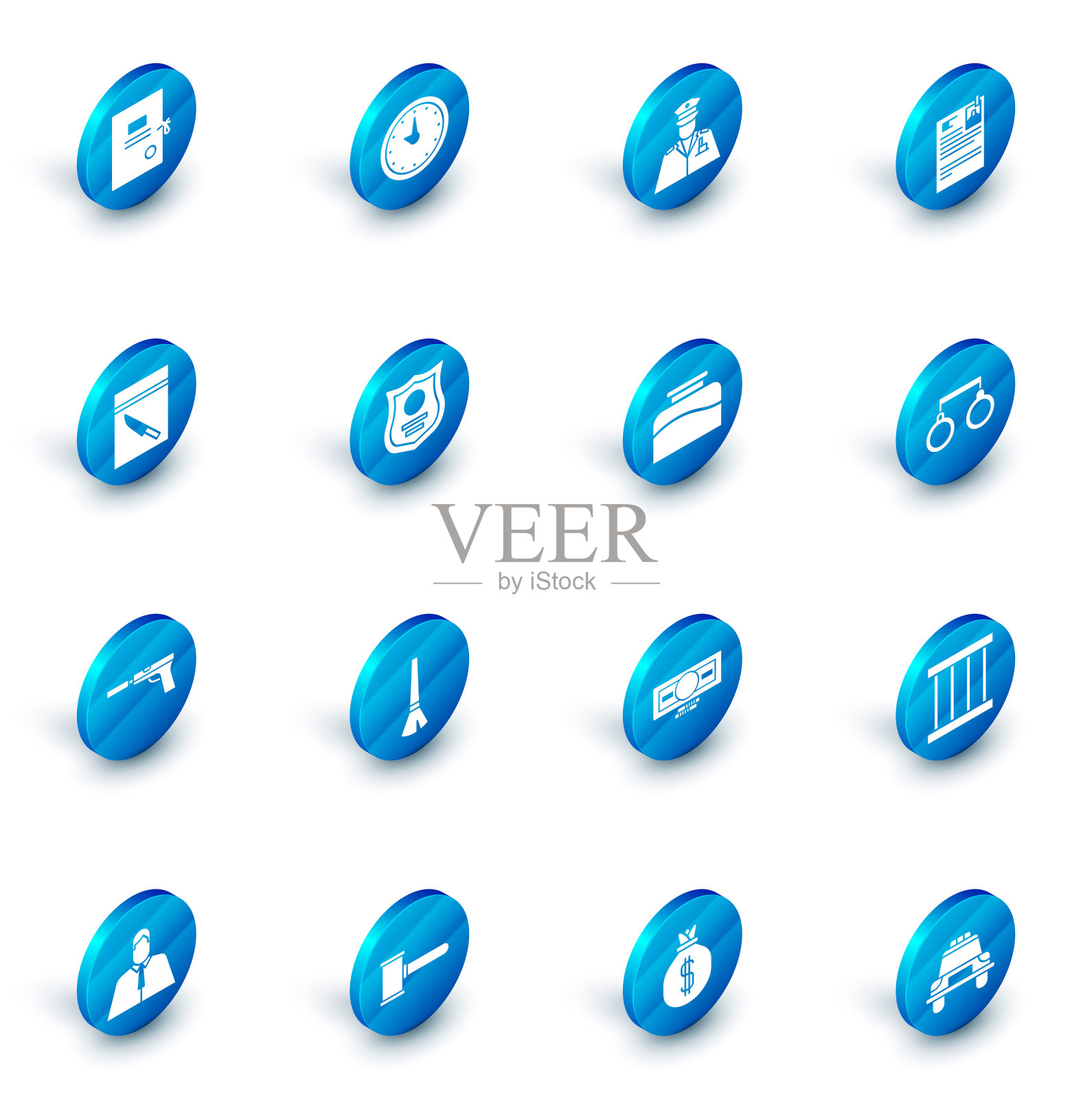 时钟、警官、诉讼文件、证据袋和刀、带消音器的手枪、徽章、手铐和墨水瓶图标矢量素材插画图片素材