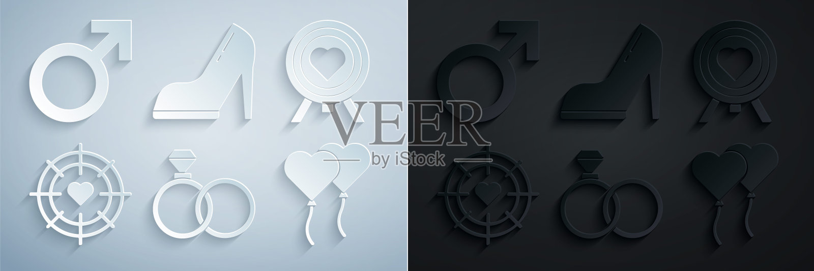 镶嵌结婚戒指，心形中心的飞镖目标瞄准，气球形成心脏，女鞋与高跟鞋和男性性别符号图标。向量插画图片素材