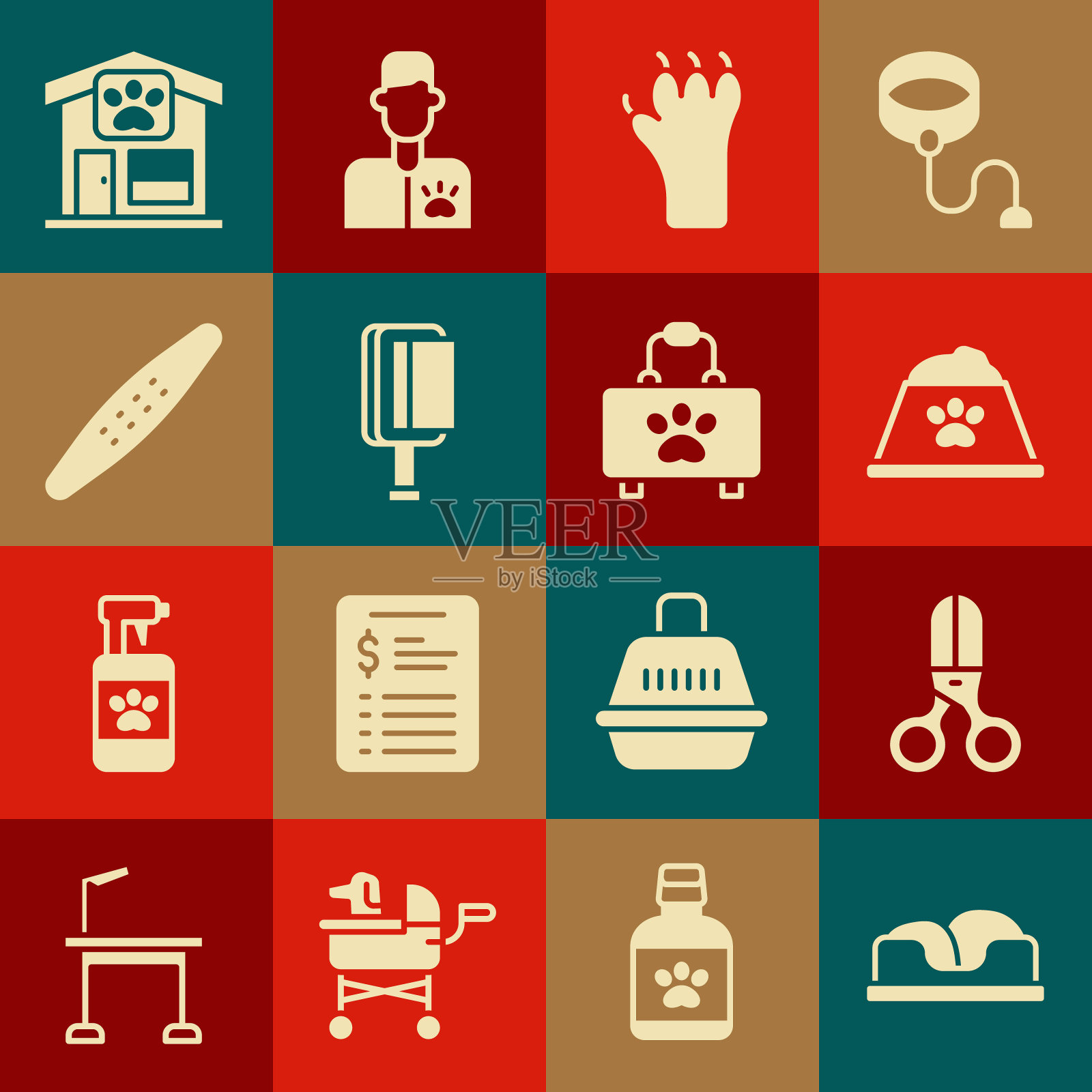 集宠物床，剪刀理发师，食物碗，爪印，毛刷狗和猫，指甲锉宠物，修饰和急救箱图标。向量插画图片素材