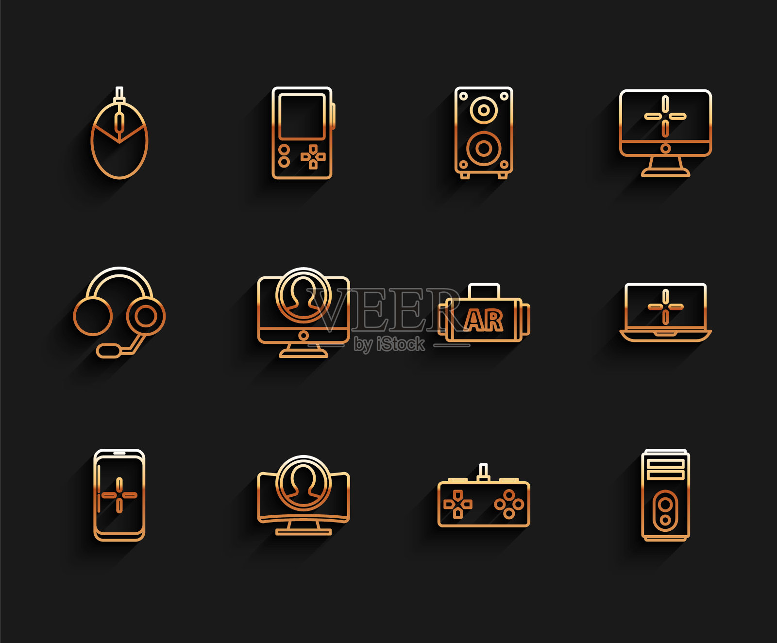 设置线智能手机和玩游戏，创建帐户屏幕，电脑鼠标游戏，手柄，笔记本电脑和Ar，增强现实图标。向量插画图片素材