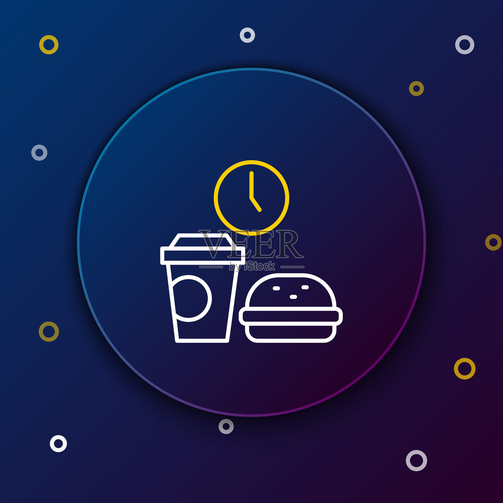 线快餐时间图标隔离在蓝色背景。色彩缤纷的轮廓概念。向量插画图片素材