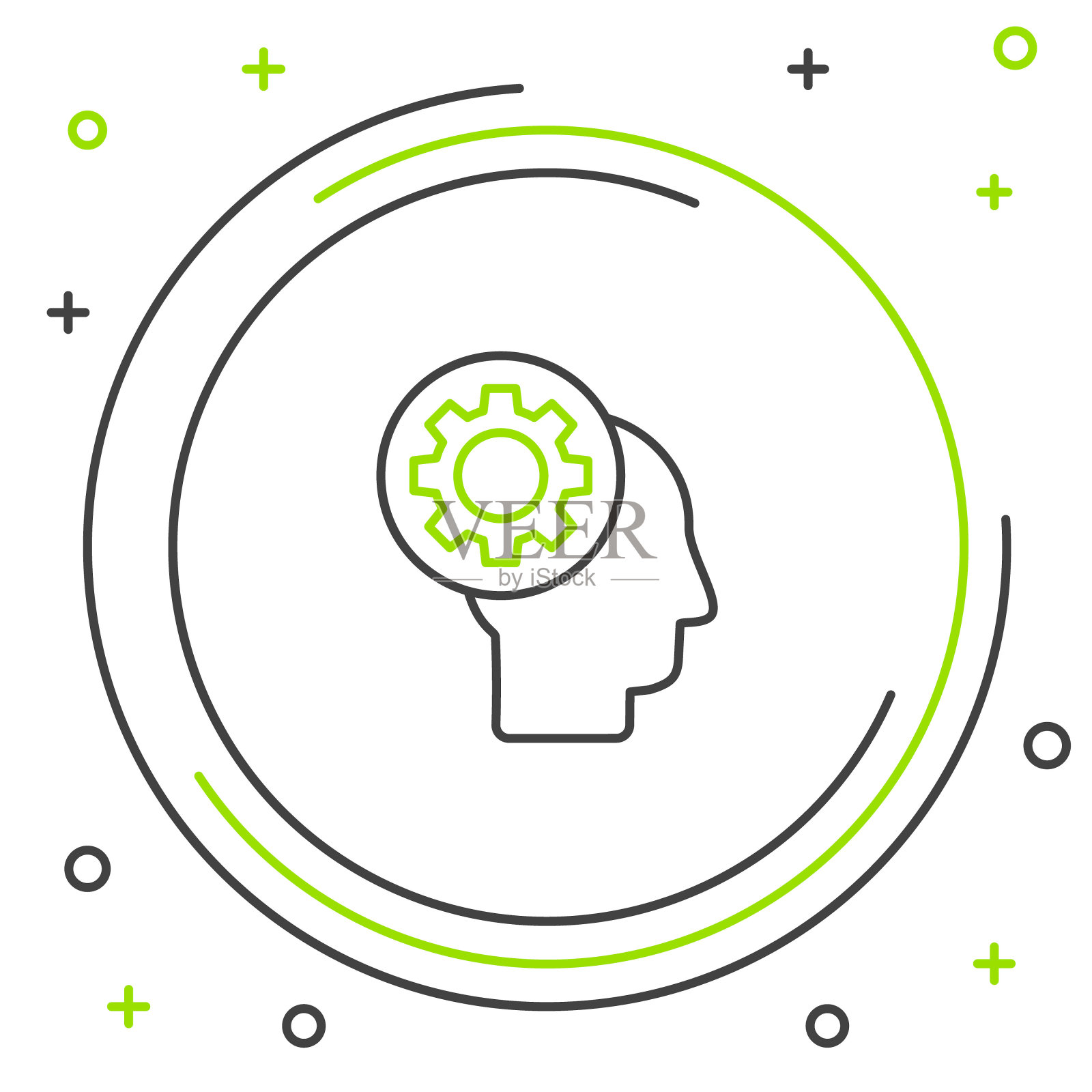 线人头与齿轮内部图标隔离在白色背景。人工智能。思考的大脑信号。大脑的符号工作。色彩缤纷的轮廓概念。向量插画图片素材