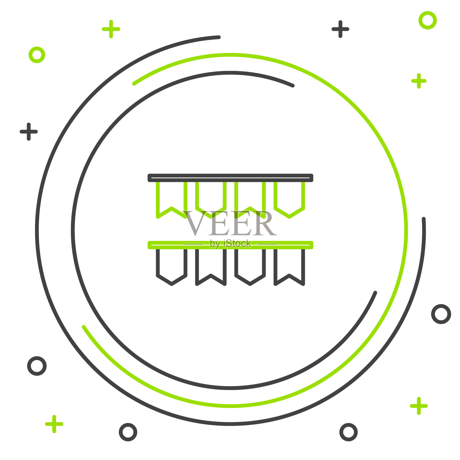 线嘉年华花环与旗帜图标孤立的白色背景。生日庆典、节日和集市装饰用三角旗。色彩缤纷的轮廓概念。向量插画图片素材