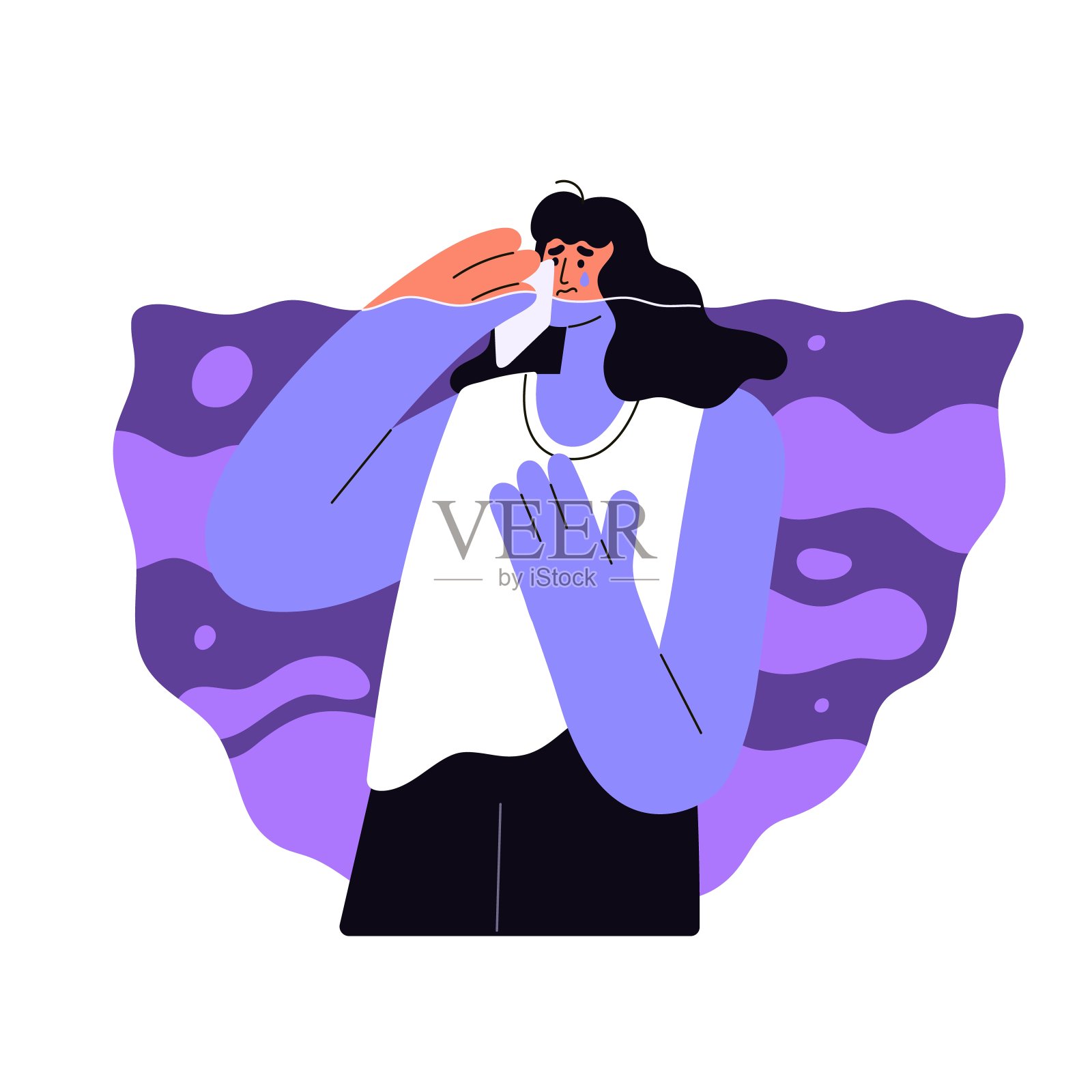 抑郁症患者。悲伤的女人被泪水淹没。伤心的女孩哭了，哭着诉说感情。女性绝望，孤独中忧伤。有精神障碍的人。平面隔离矢量插图上的白色插画图片素材