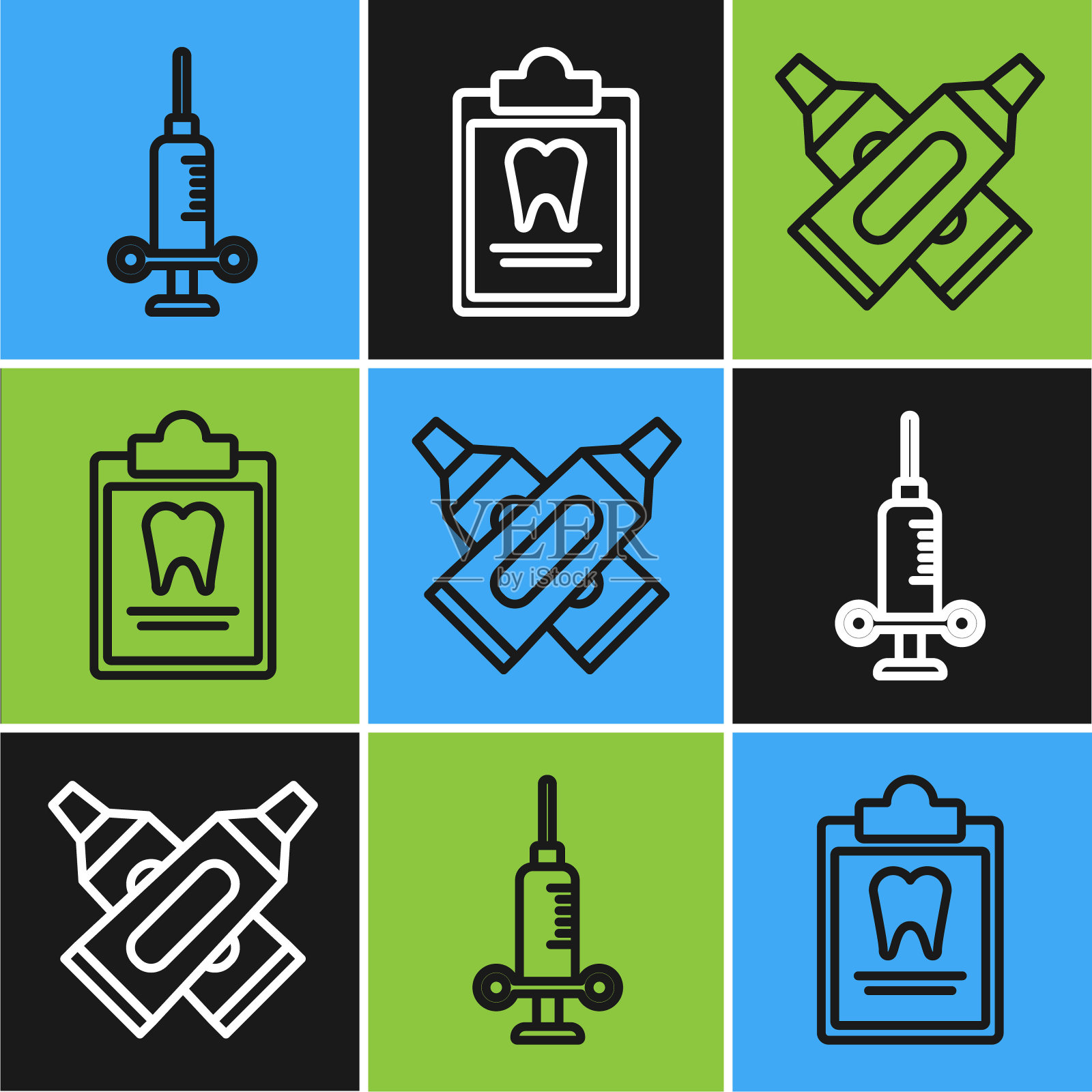 设置线牙科医疗注射器，交叉管牙膏和剪贴板与牙科卡片图标。向量插画图片素材