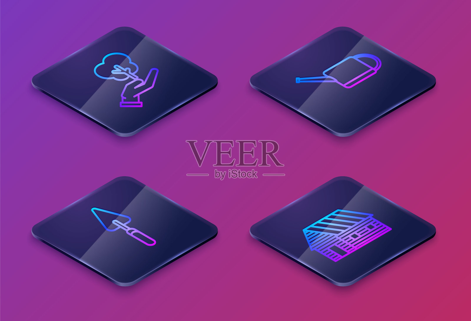 设置等距线树在环保，花园铲或铲子，喷壶和农舍的手中。蓝色方形按钮。向量插画图片素材