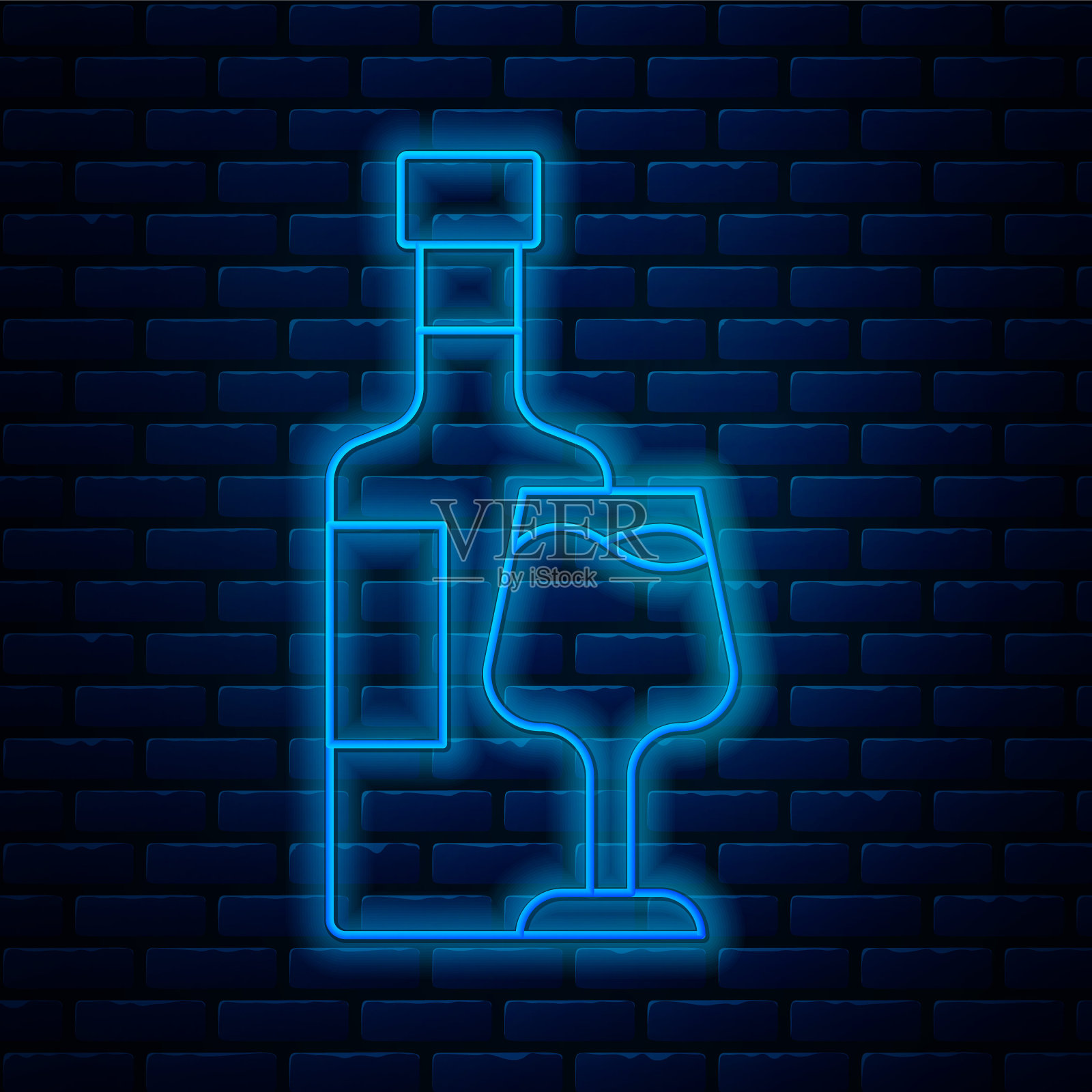 发光的霓虹灯线酒瓶与玻璃图标隔离在砖墙背景。向量插画图片素材