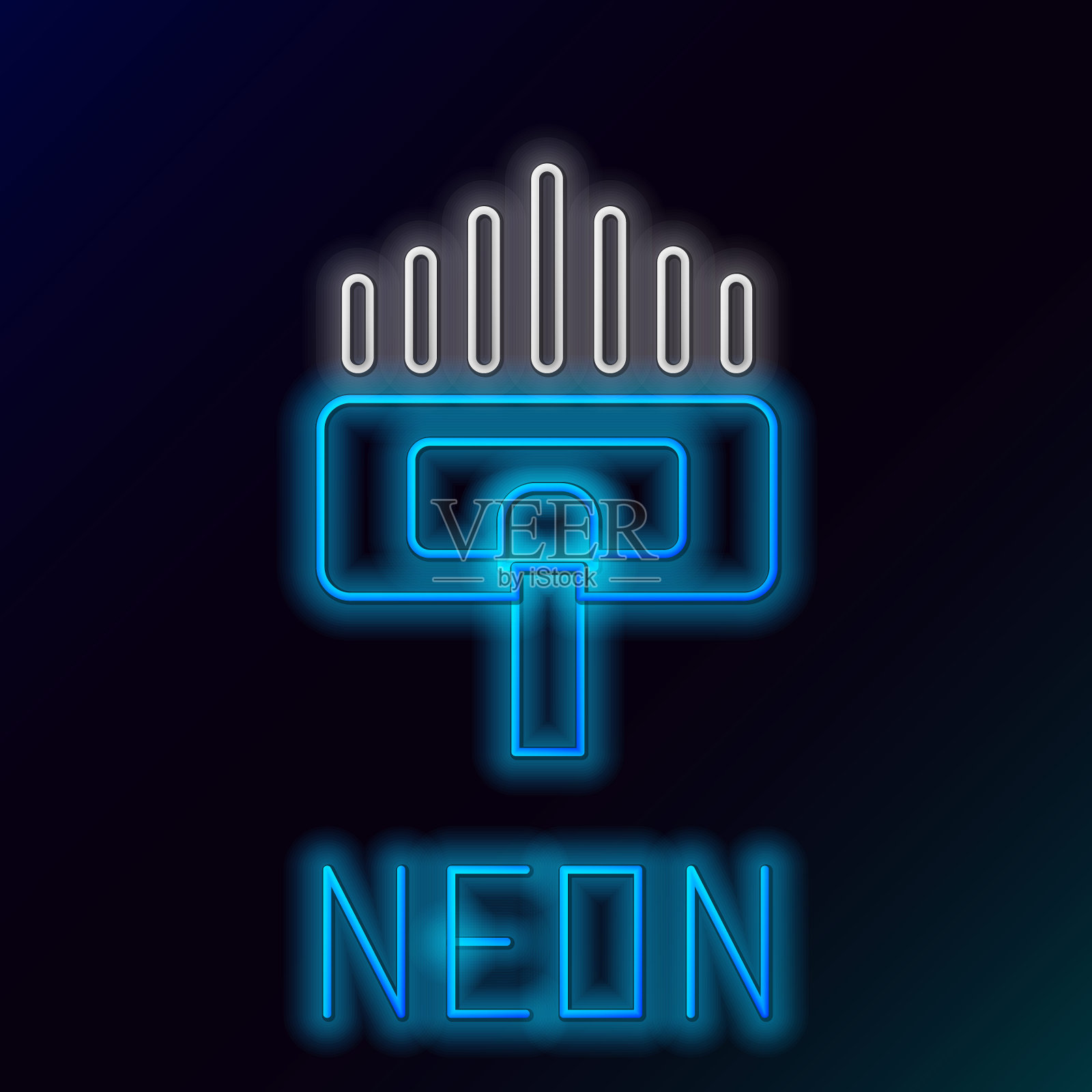 蓝色发光霓虹线清洁服务图标在黑色背景。吸尘器头圈，地毯清洗标志。色彩缤纷的轮廓概念。矢量图插画图片素材