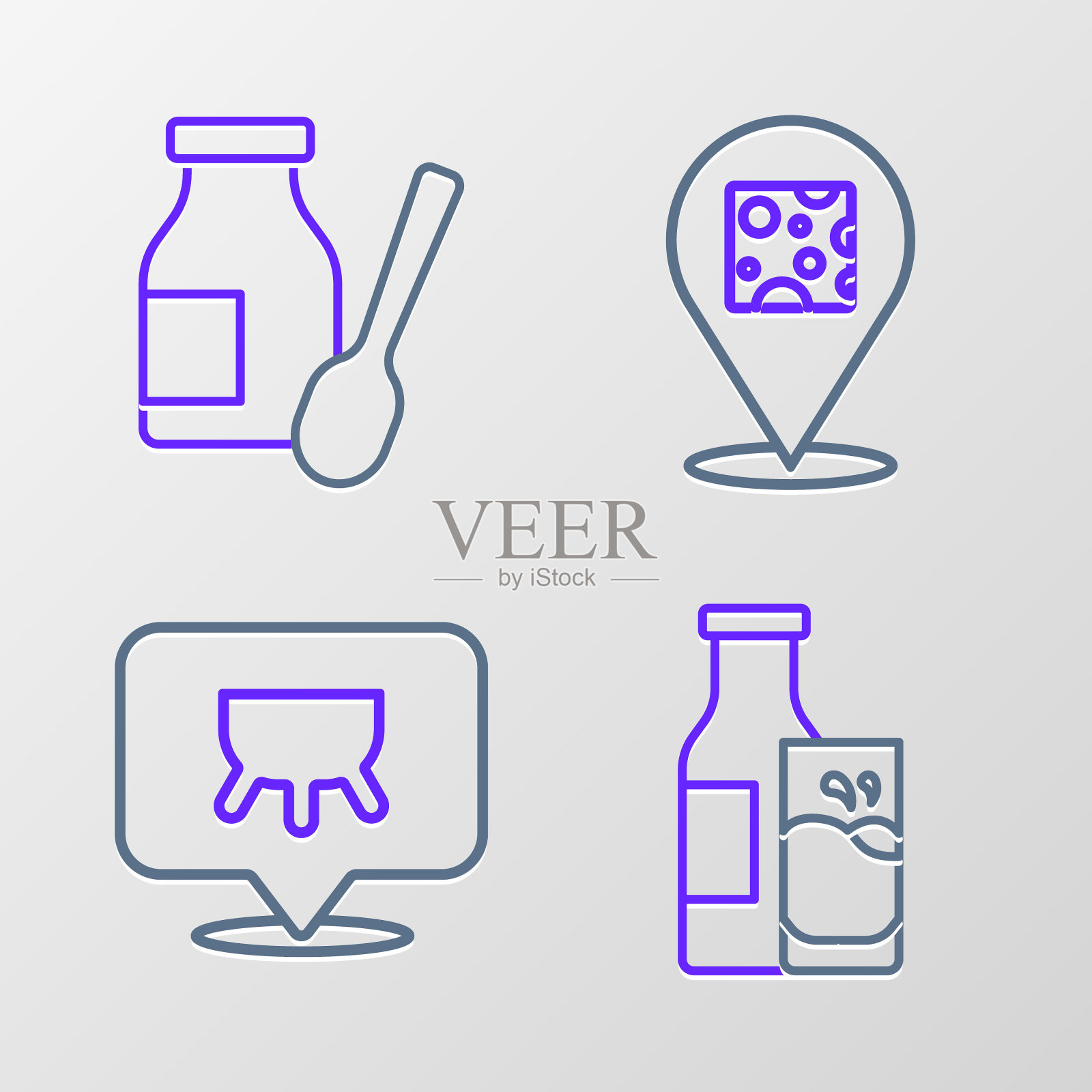 设置线瓶牛奶和玻璃，乳房，奶酪和饮用酸奶在瓶图标。向量插画图片素材