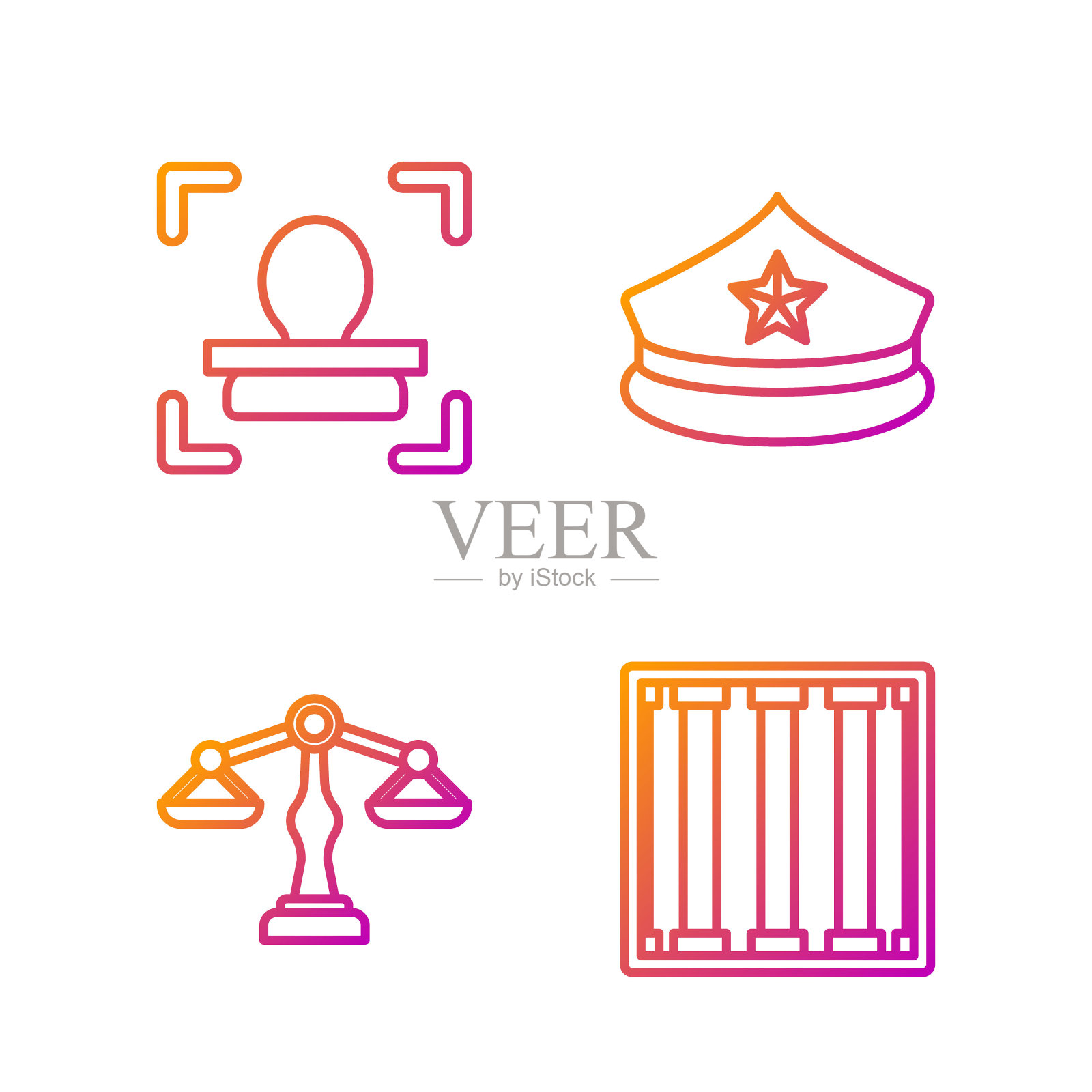 设置线监狱窗口，正义的尺度，面部识别和警察帽帽檐。渐变颜色图标。向量插画图片素材