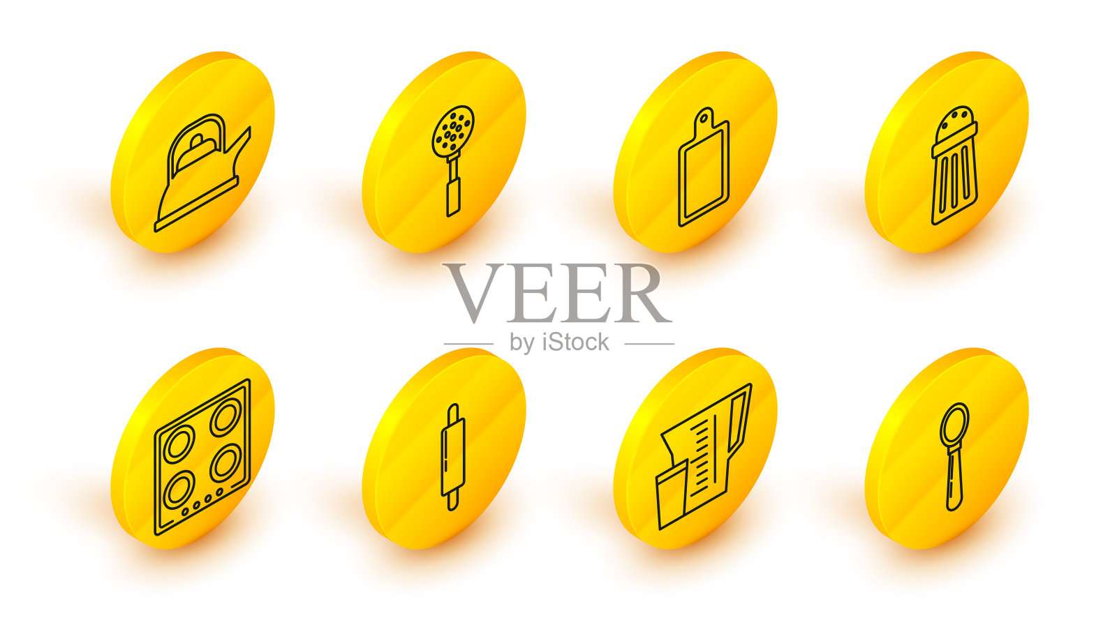 设置线勺子，量杯，擀面杖，煤气灶，盐，砧板，抹刀和茶壶处理图标。向量插画图片素材