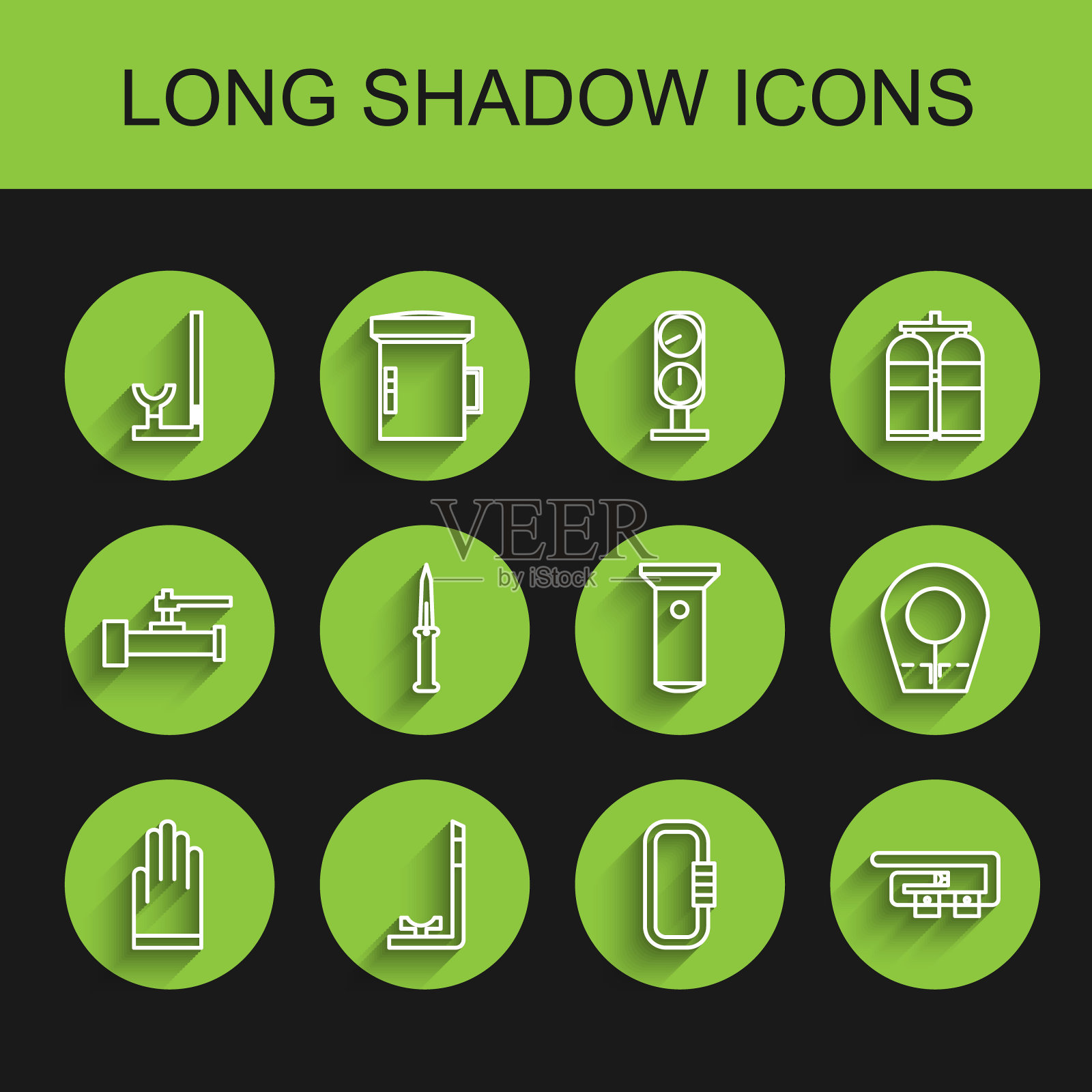 套线手套，浮潜，钩环，潜水带，军刀，引擎盖和手电筒图标。向量插画图片素材