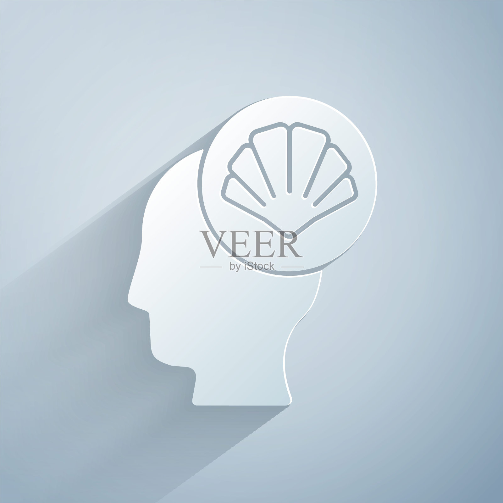 剪纸扇贝海贝壳图标孤立的灰色背景。海贝的迹象。纸艺风格。向量插画图片素材