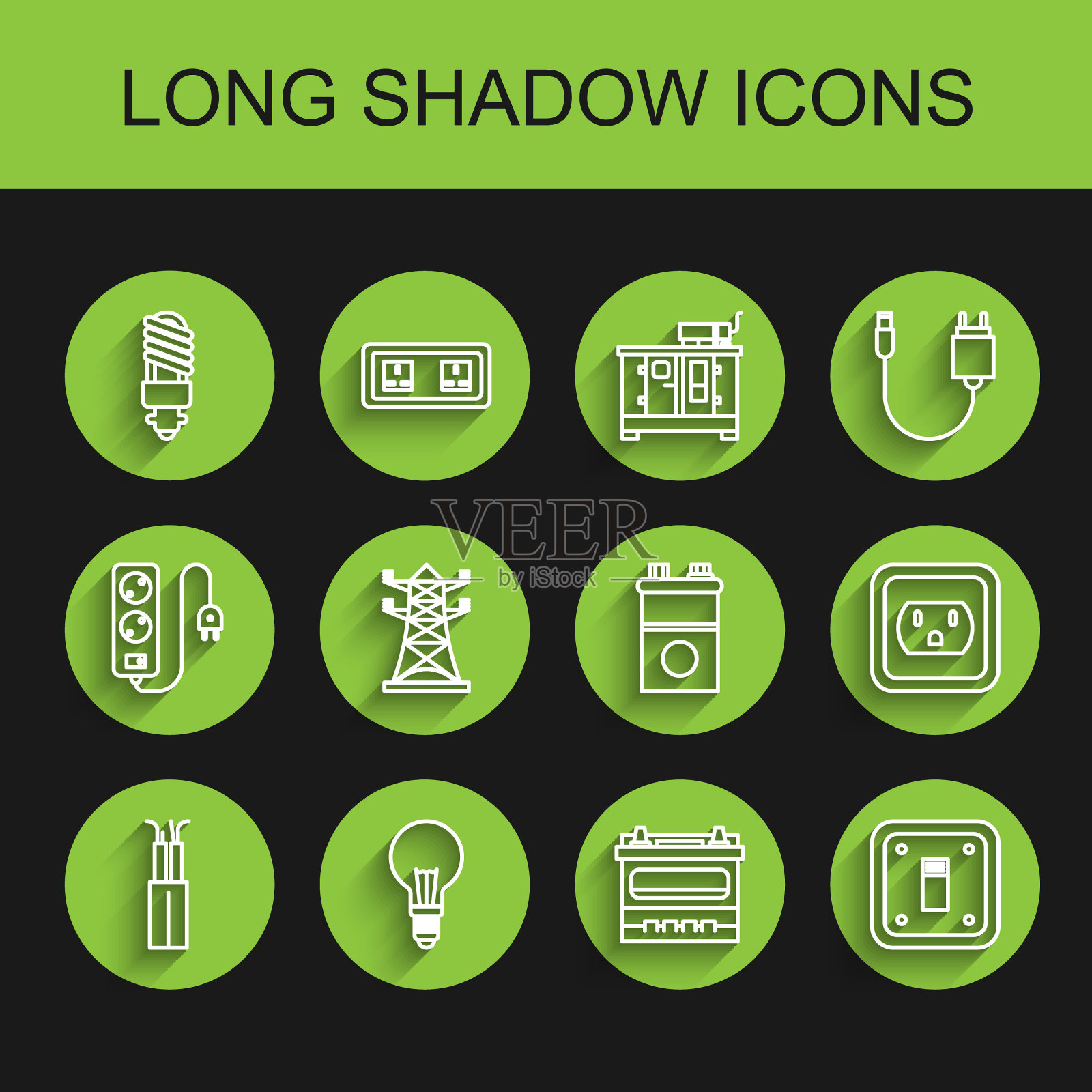 成套电缆，概念灯泡，LED灯，汽车电池，开关，高压电线杆线，美国插座和图标。向量插画图片素材