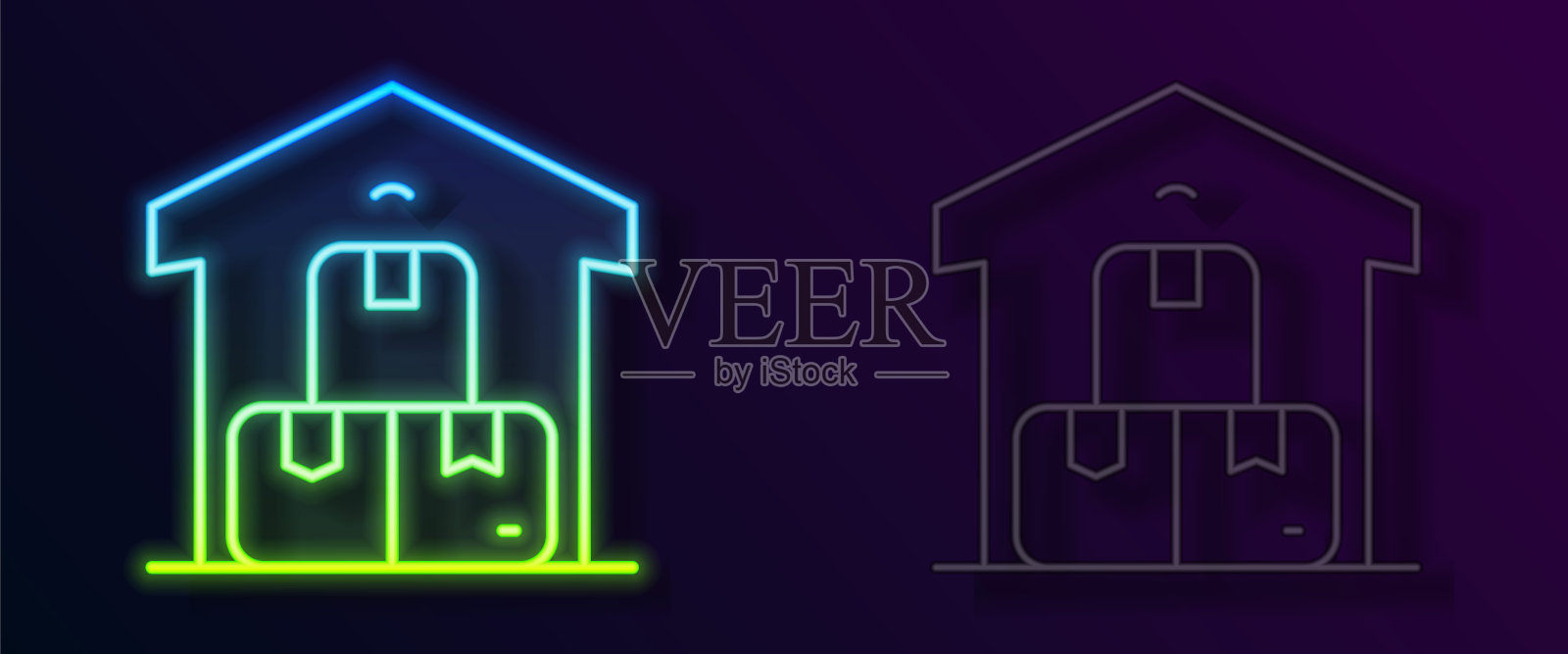 发光的霓虹灯线全仓库图标孤立的黑色背景。向量插画图片素材