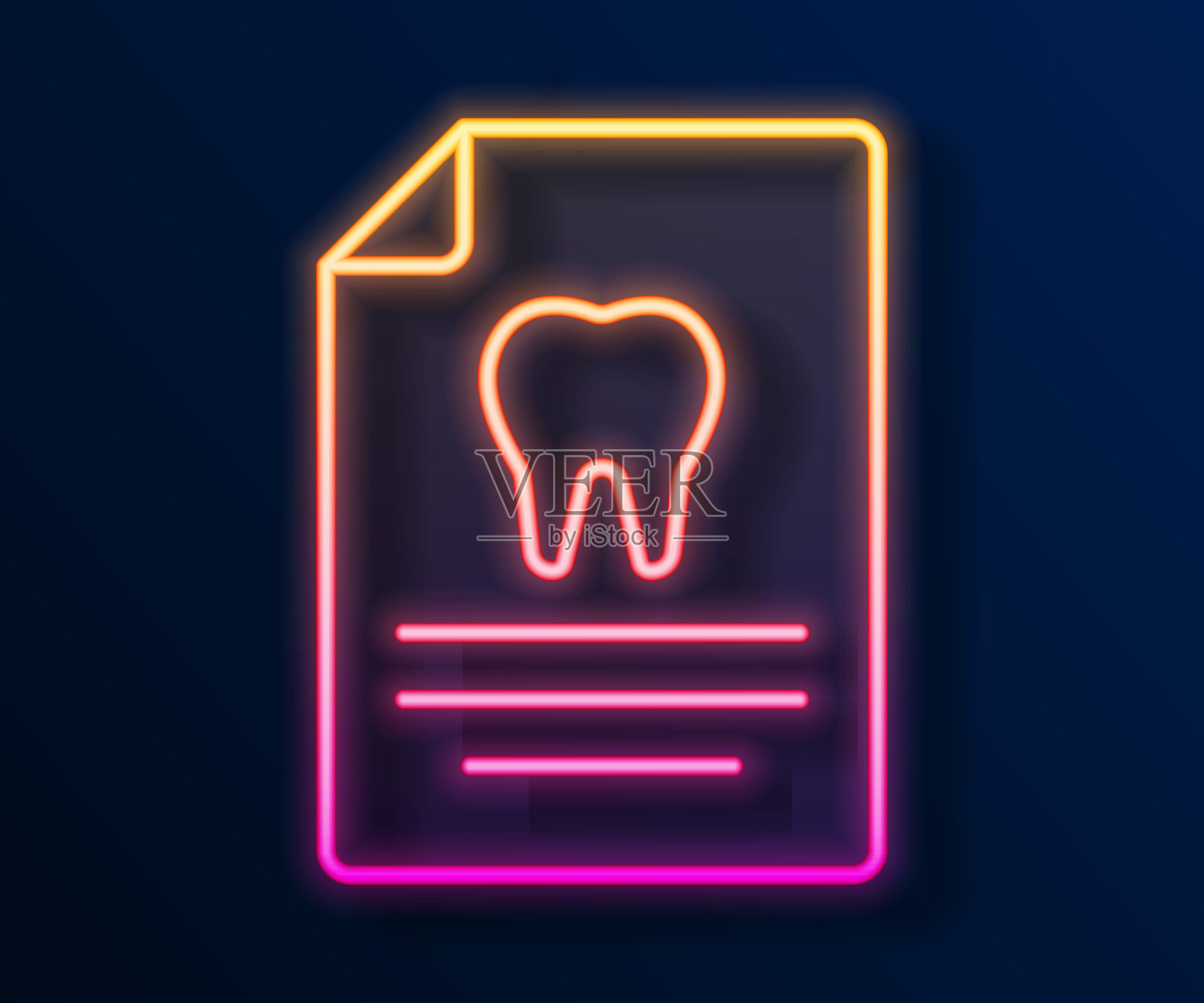 发光的霓虹灯线剪贴板与牙科卡或病人的医疗记录图标孤立的黑色背景。牙科保险。牙科诊所报告。向量插画图片素材
