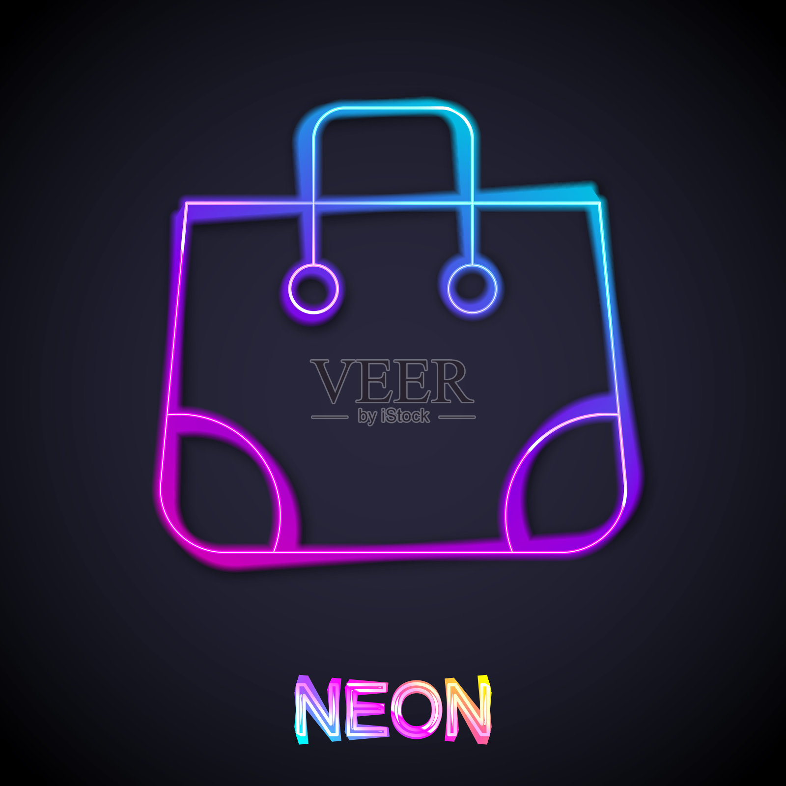 发光的霓虹线纸购物袋图标孤立的黑色背景。包的迹象。向量插画图片素材