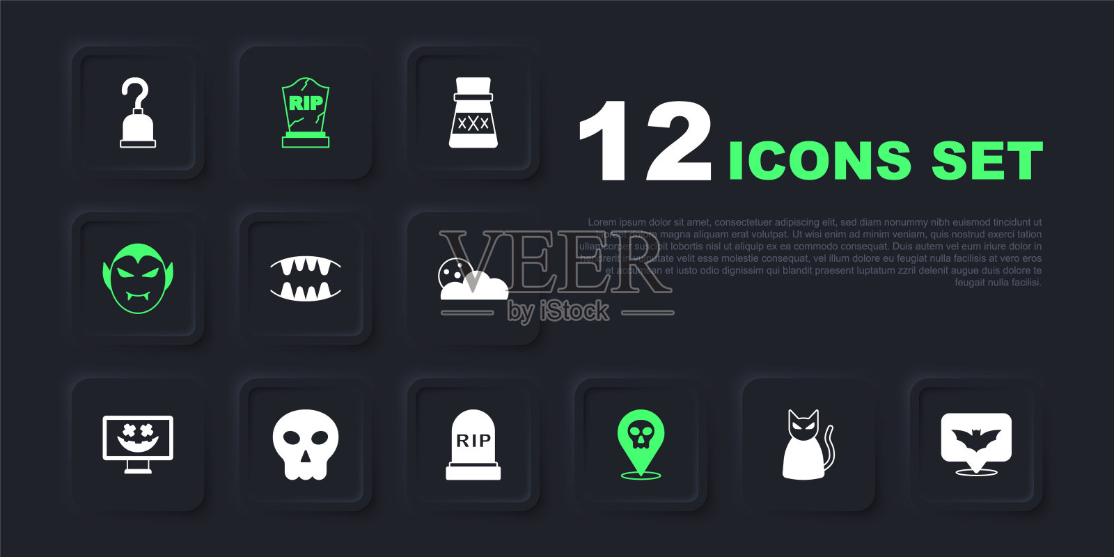 设置黑猫，飞行蝙蝠，吸血鬼的牙齿，骷髅，墓碑与RIP写和图标。向量插画图片素材