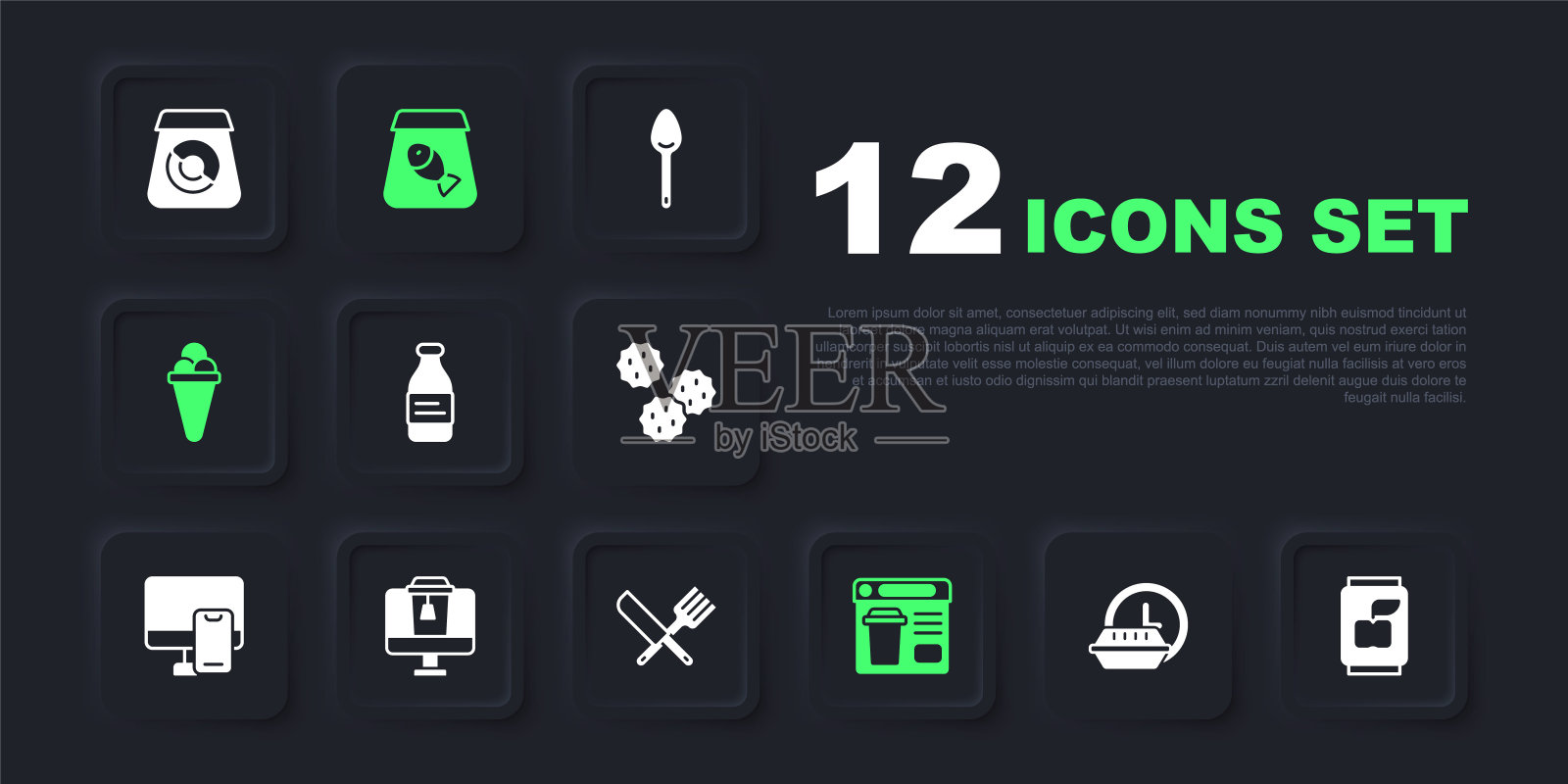 设置24小时送货，汽水罐，瓶装水，在线订购食品，冰淇淋华夫饼，鱼和交叉刀叉图标。向量插画图片素材