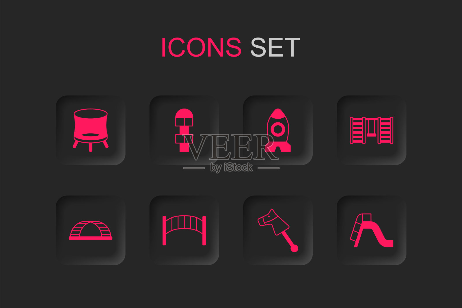 集游乐场儿童桥，跳房子，跳跃蹦床，玩具马，瑞典墙，滑梯游乐场，火箭船玩具和猴子酒吧图标。向量插画图片素材