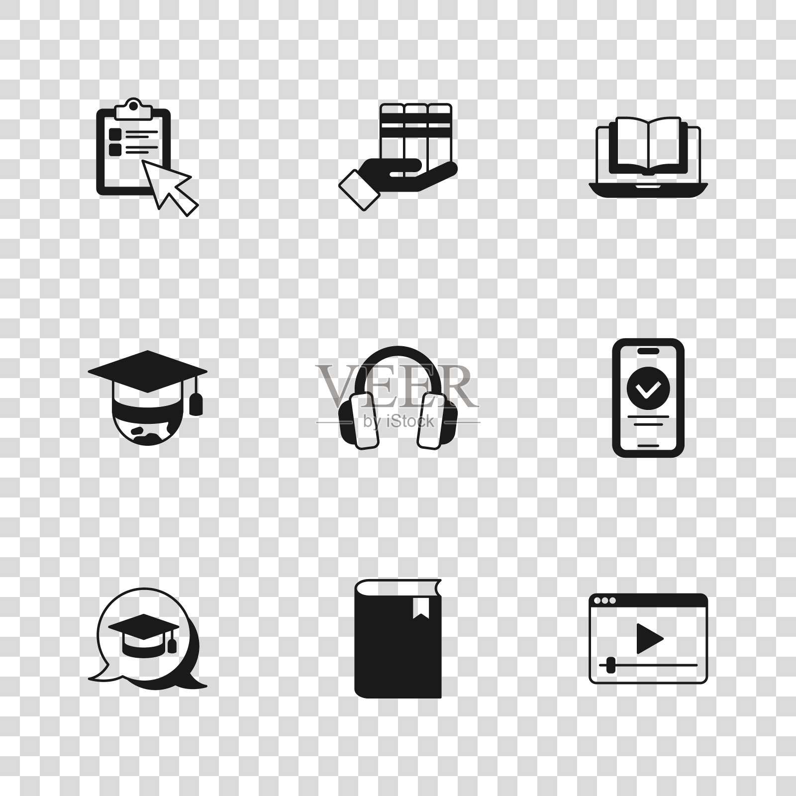 集书，在线测验，测试，调查，播放视频，耳机，类，捐赠和毕业帽全球图标。向量插画图片素材